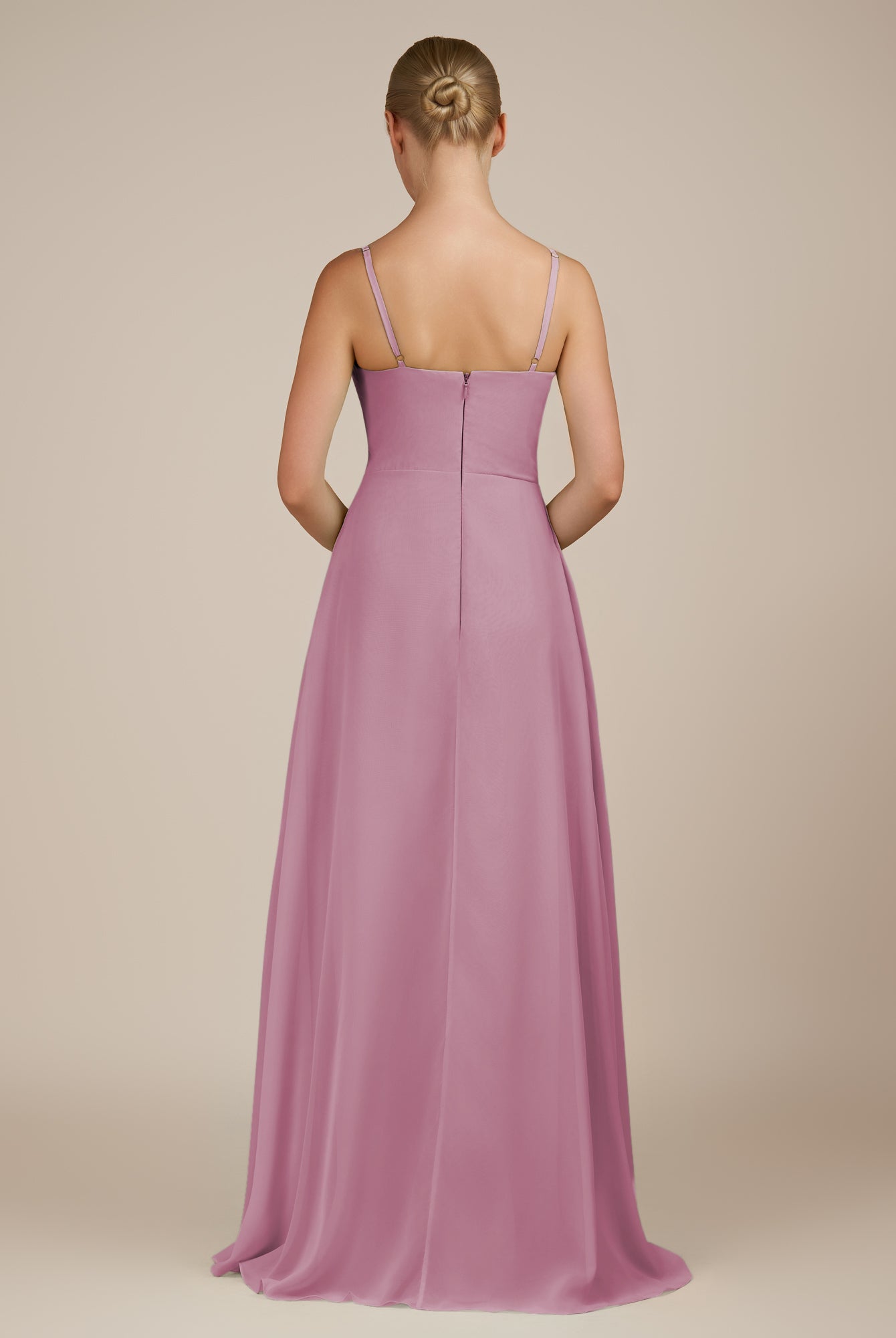 KissDress-Queniva Vintage Mauve Sheath Chiffon Spaghetti Straps Ruffles Long Bridesmaid Dress with Slit