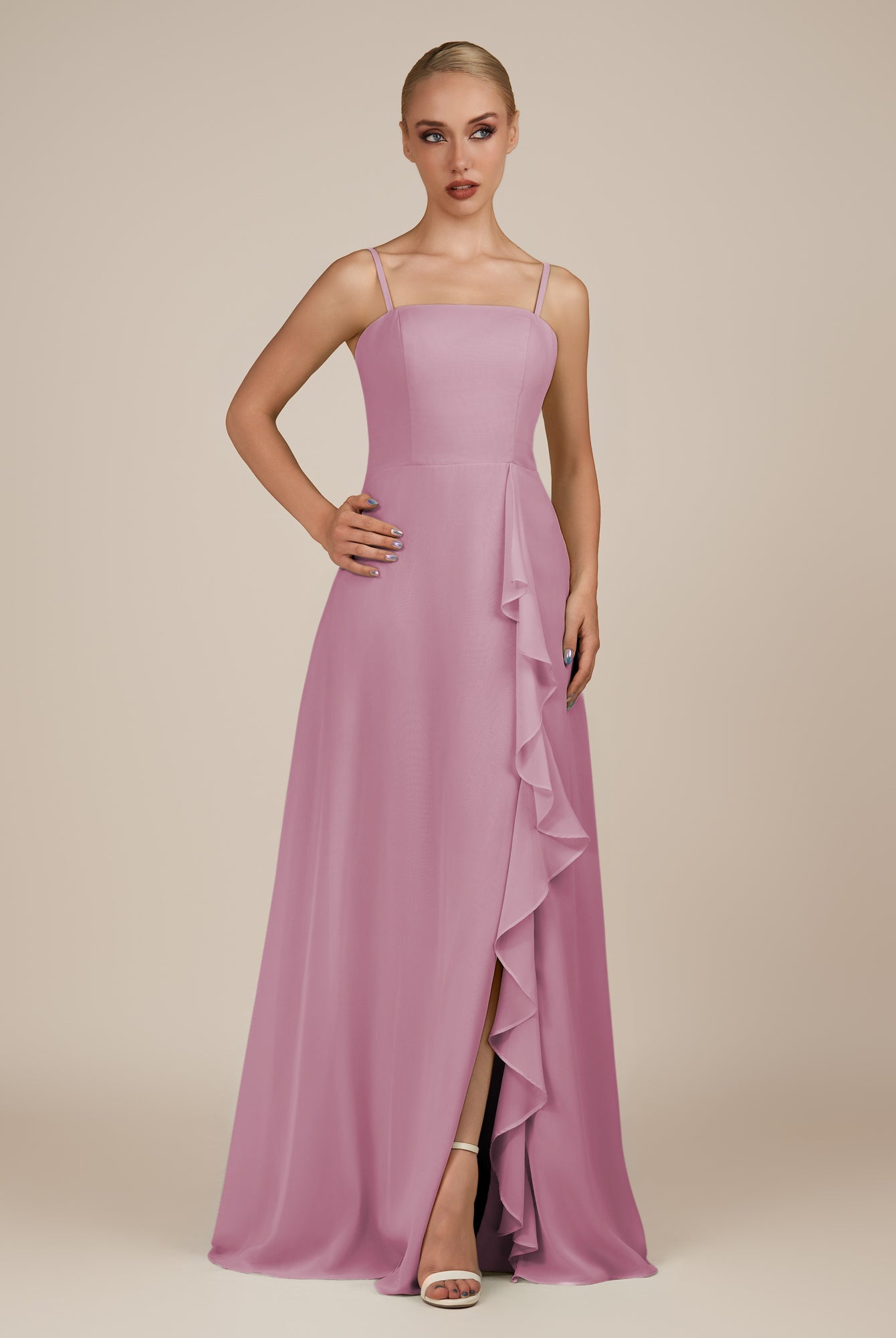 KissDress-Queniva Vintage Mauve Sheath Chiffon Spaghetti Straps Ruffles Long Bridesmaid Dress with Slit