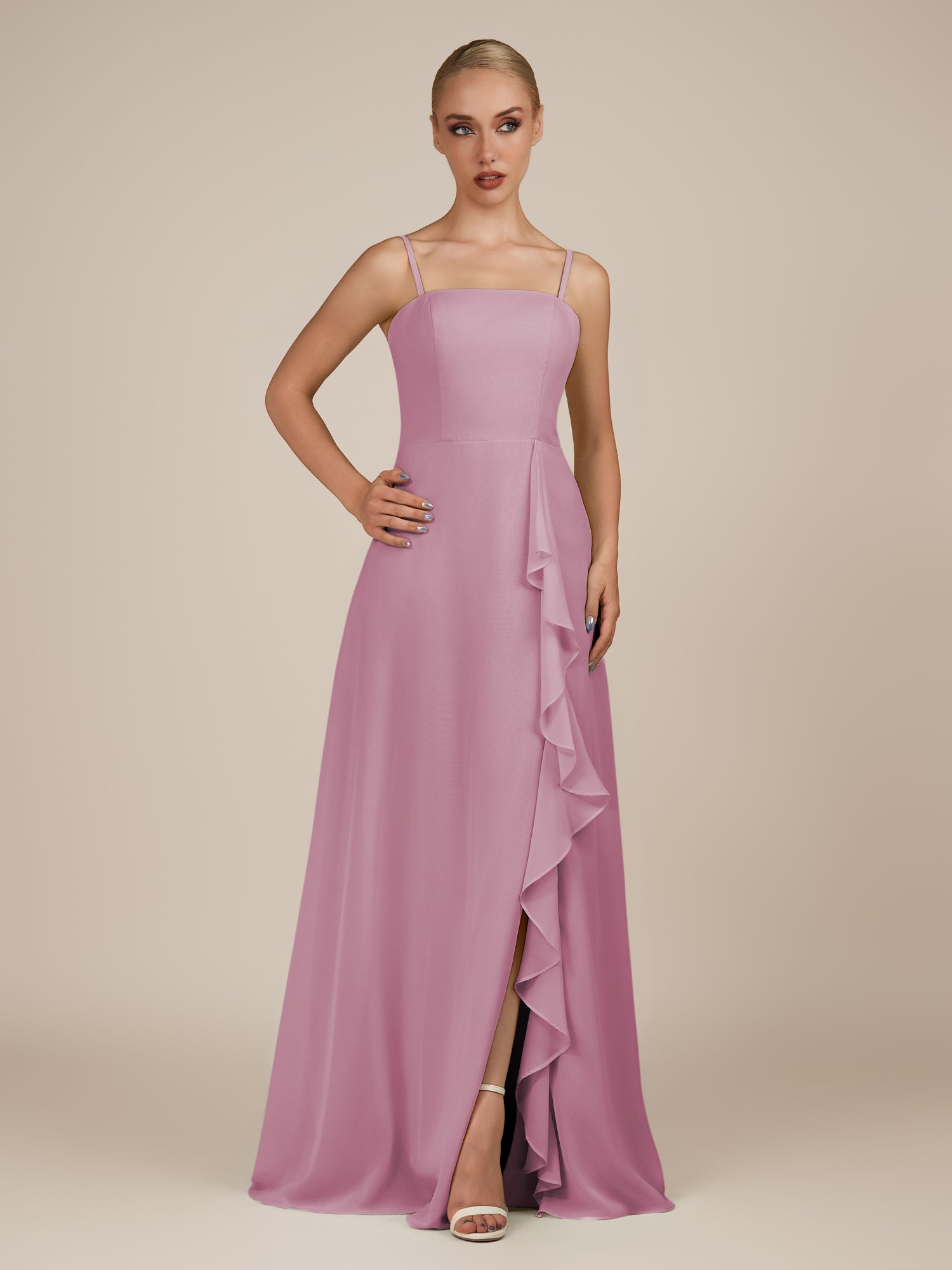 KissDress-Queniva Vintage Mauve Sheath Chiffon Spaghetti Straps Ruffles Long Bridesmaid Dress with Slit