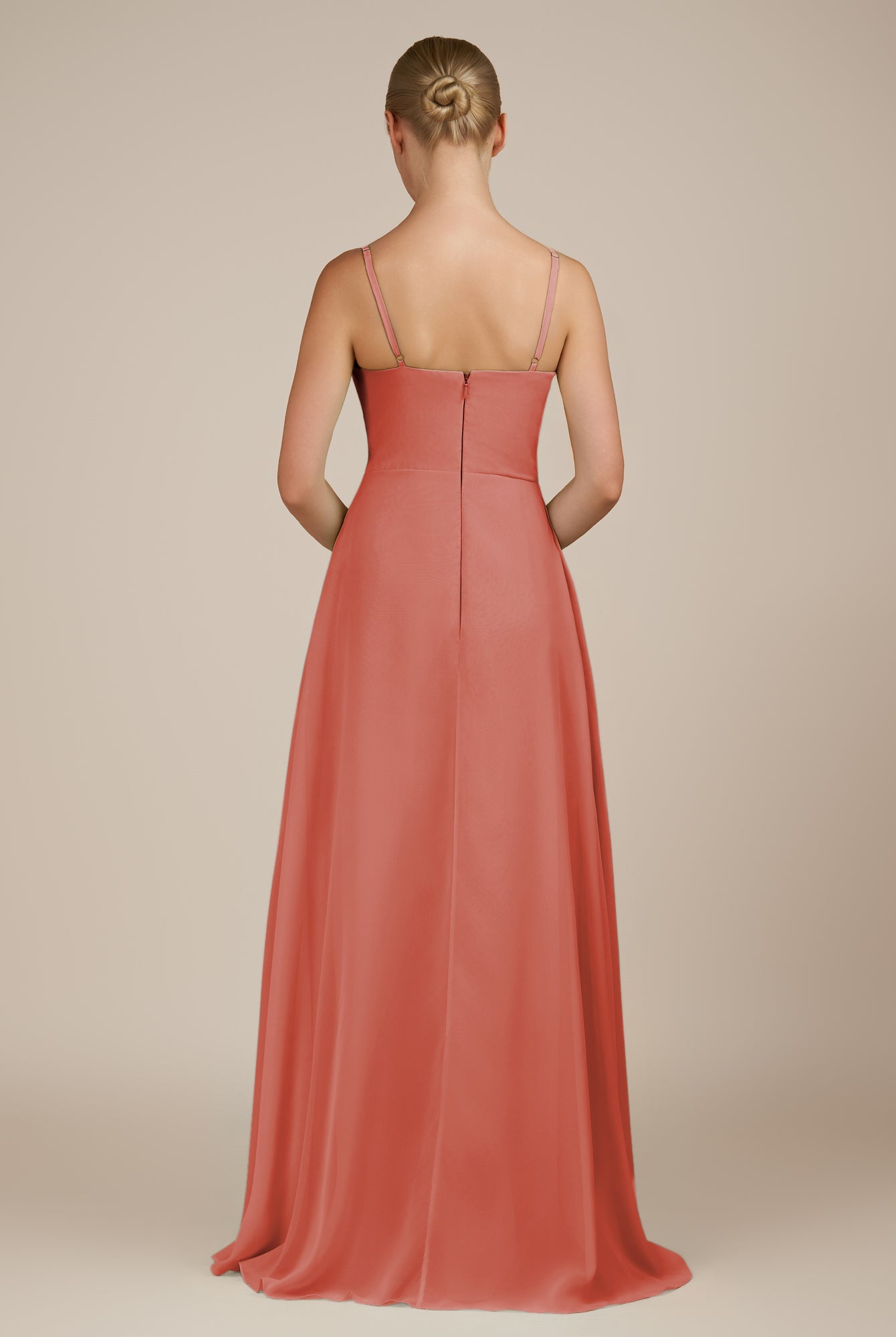 KissDress-Queniva Wild Rose Sheath Chiffon Spaghetti Straps Ruffles Long Bridesmaid Dress with Slit