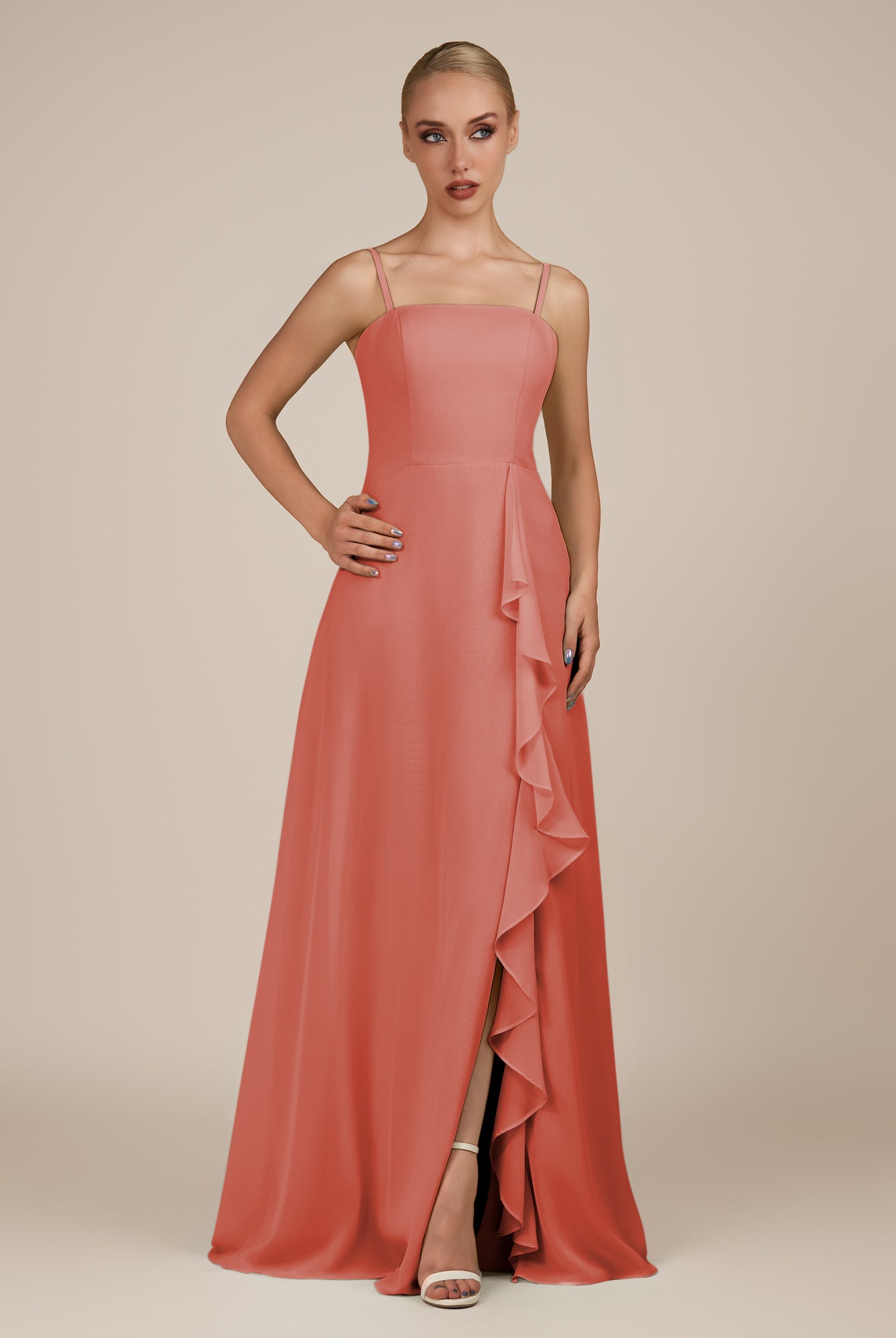 KissDress-Queniva Wild Rose Sheath Chiffon Spaghetti Straps Ruffles Long Bridesmaid Dress with Slit