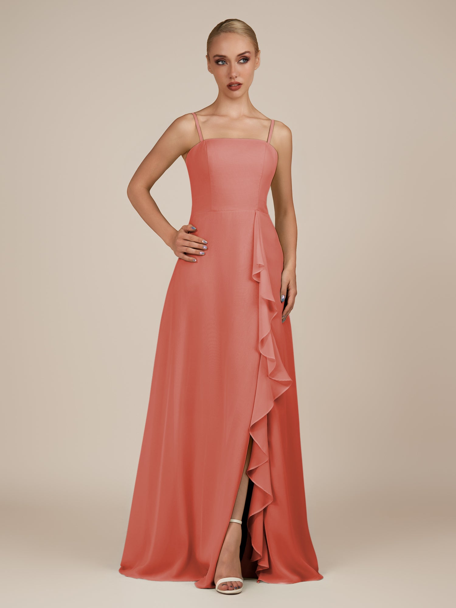 KissDress-Queniva Wild Rose Sheath Chiffon Spaghetti Straps Ruffles Long Bridesmaid Dress with Slit