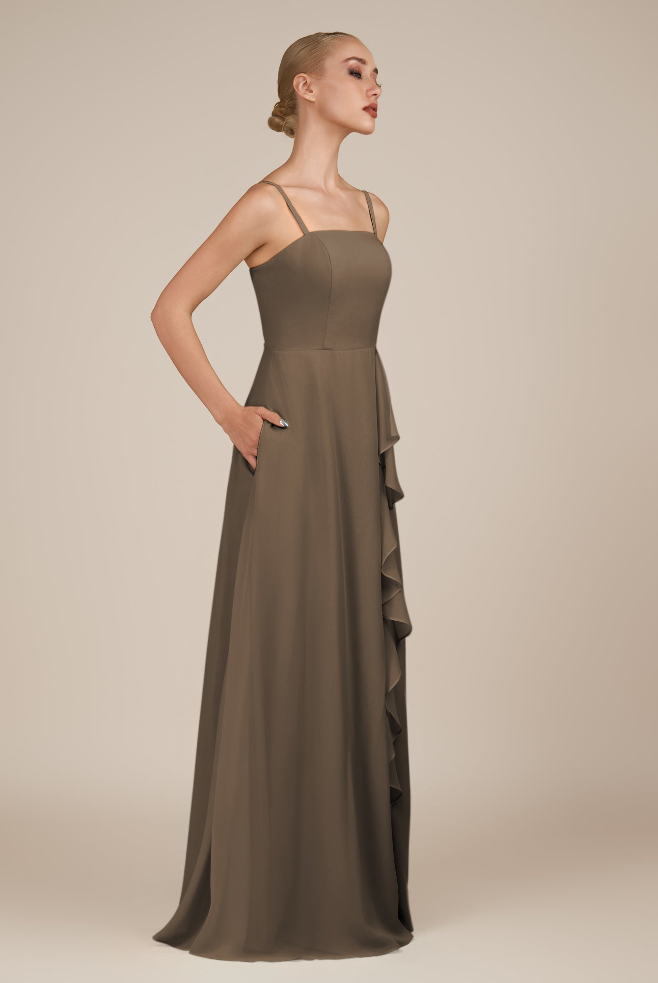 KissDress-Queniva Willow Green Sheath Chiffon Spaghetti Straps Ruffles Long Bridesmaid Dress with Slit