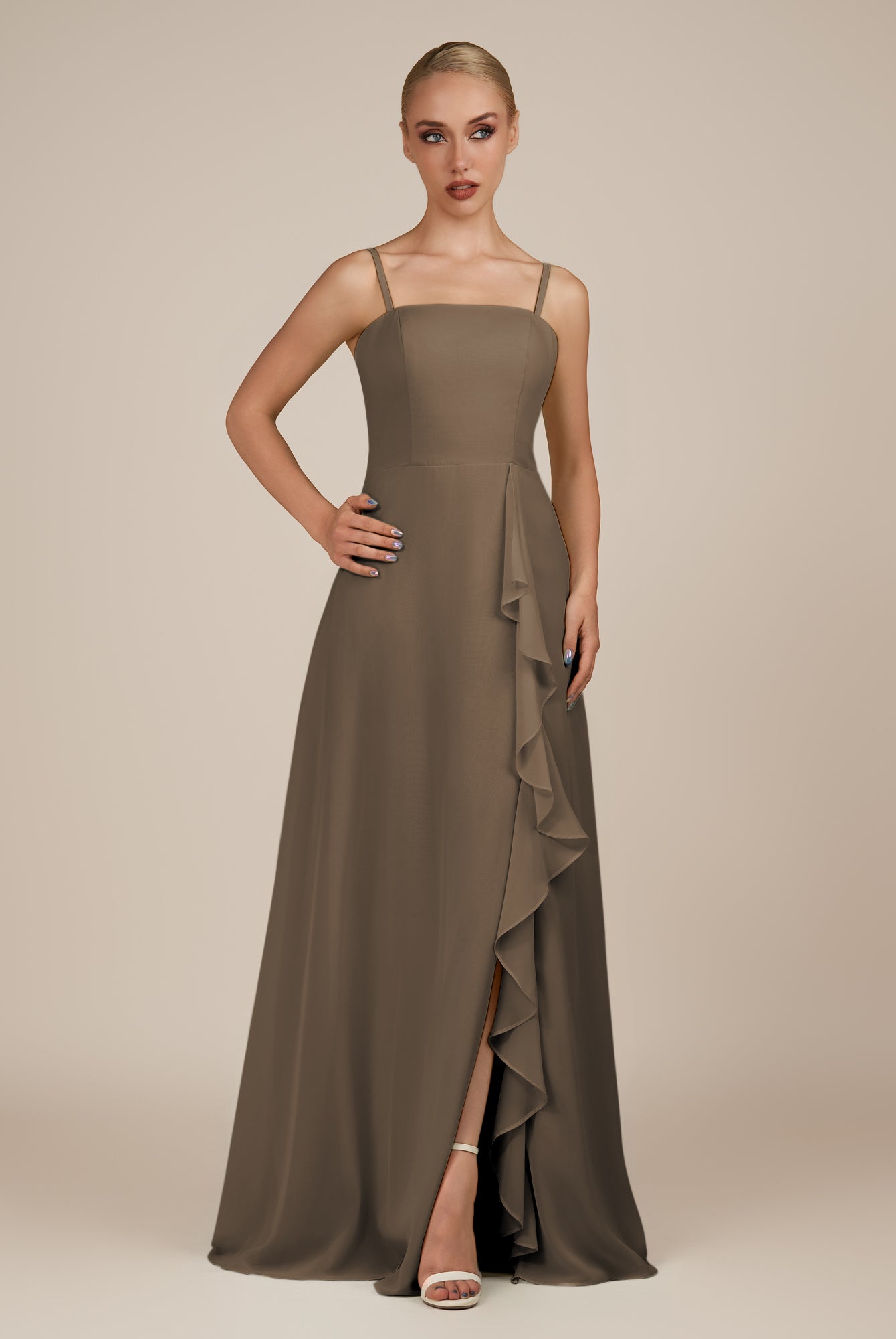 KissDress-Queniva Willow Green Sheath Chiffon Spaghetti Straps Ruffles Long Bridesmaid Dress with Slit