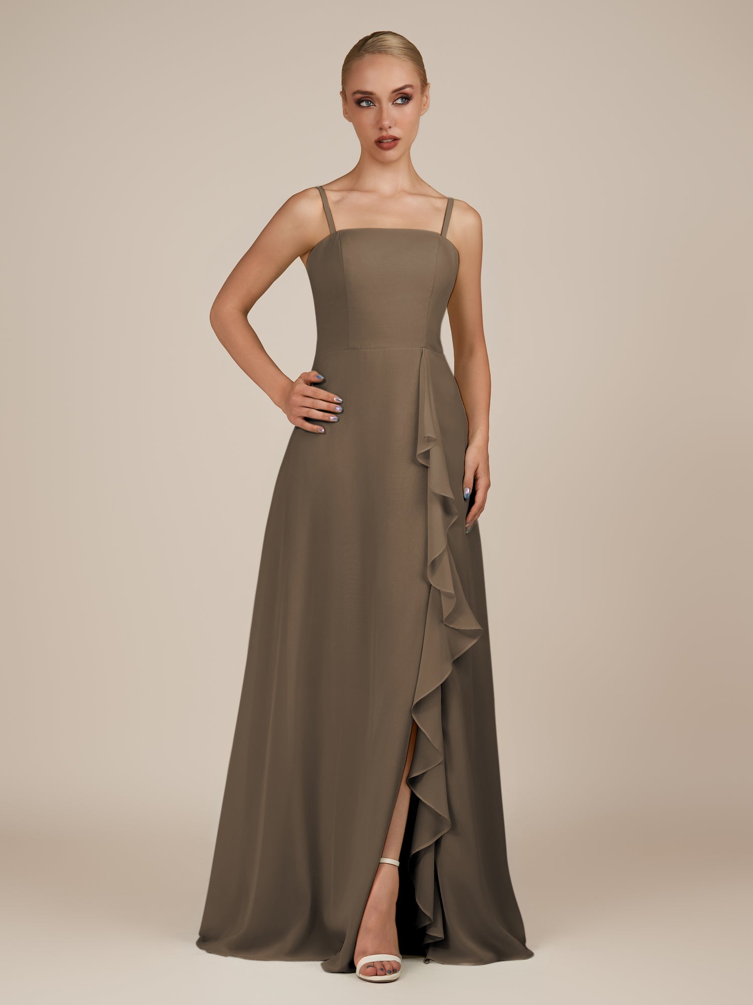 KissDress-Queniva Willow Green Sheath Chiffon Spaghetti Straps Ruffles Long Bridesmaid Dress with Slit