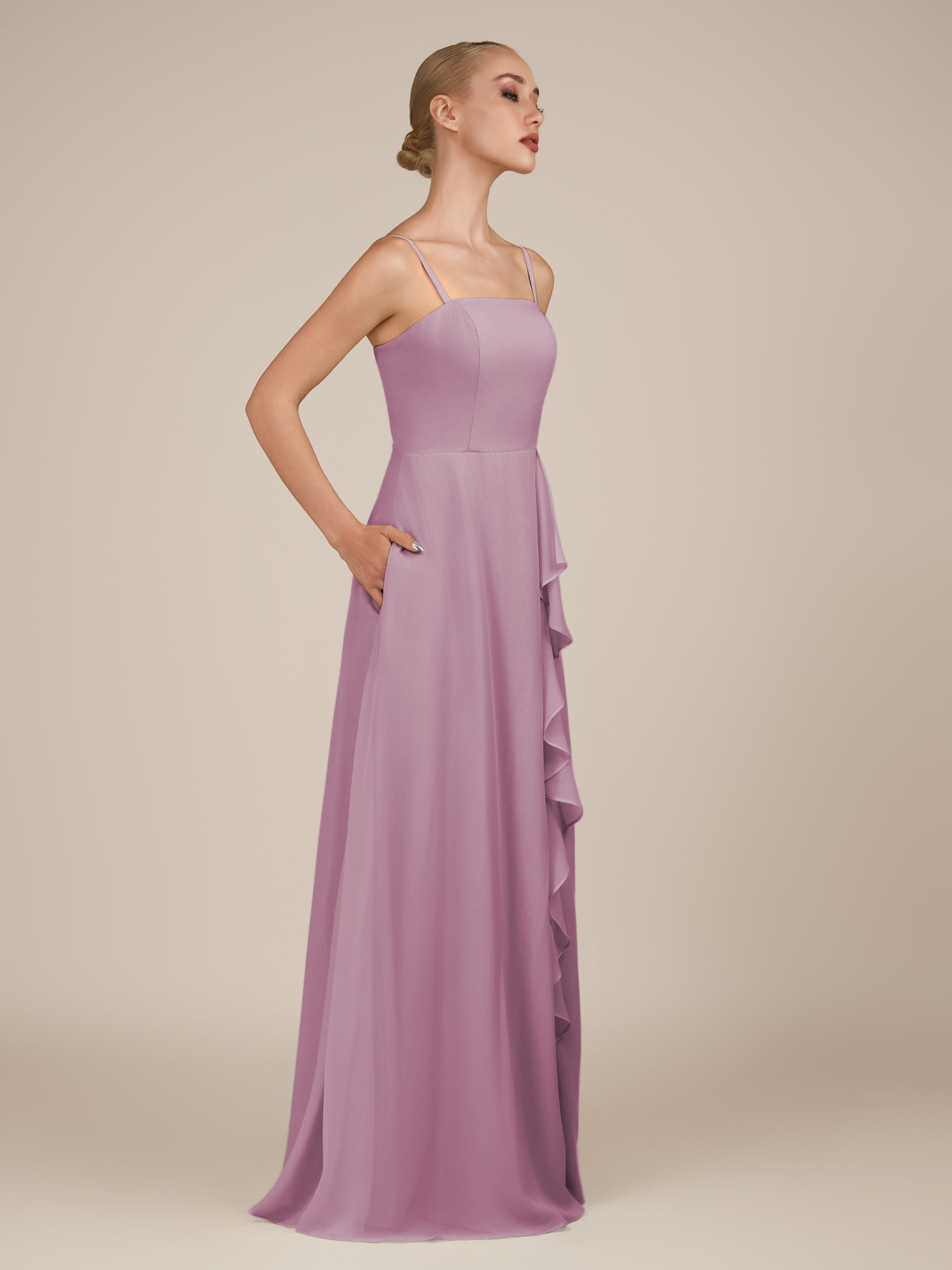 KissDress-Queniva Wisteria Sheath Chiffon Spaghetti Straps Ruffles Long Bridesmaid Dress with Slit