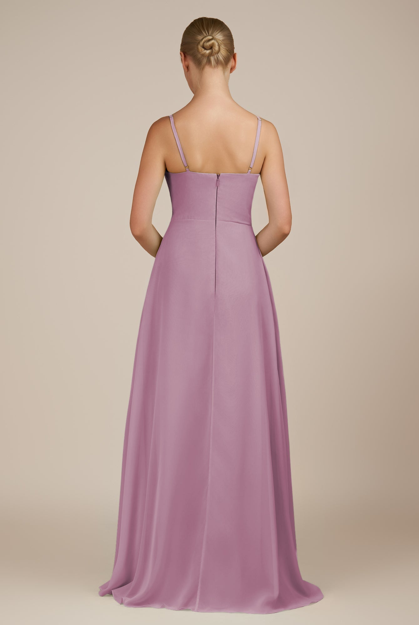 KissDress-Queniva Wisteria Sheath Chiffon Spaghetti Straps Ruffles Long Bridesmaid Dress with Slit