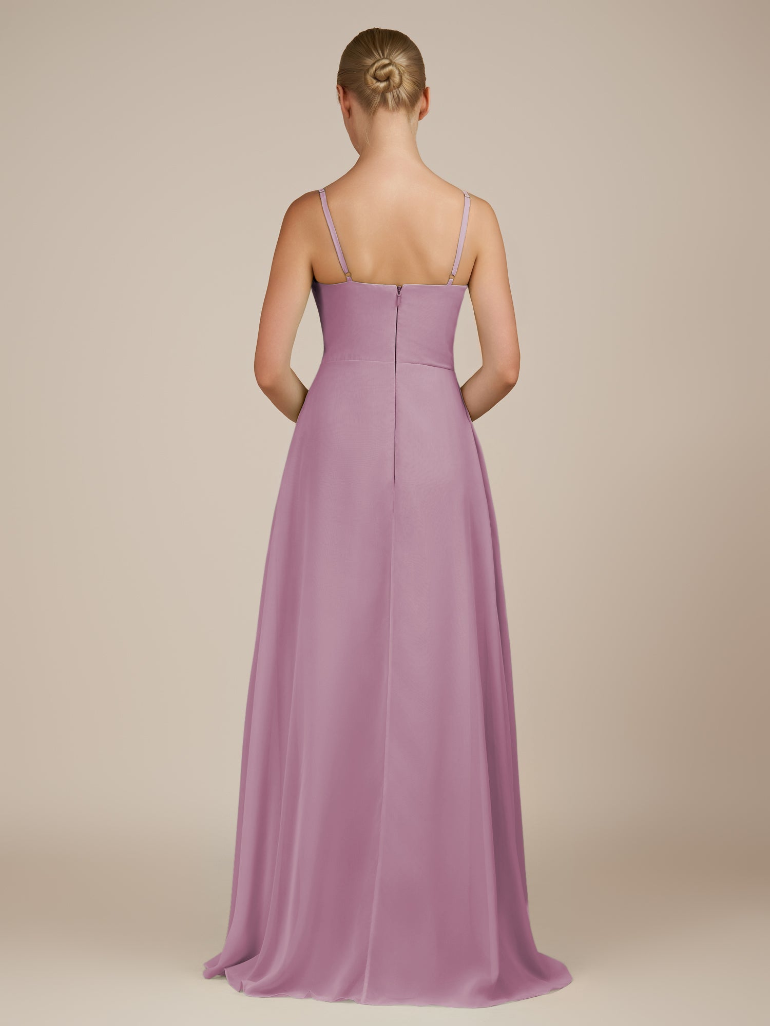KissDress-Queniva Wisteria Sheath Chiffon Spaghetti Straps Ruffles Long Bridesmaid Dress with Slit
