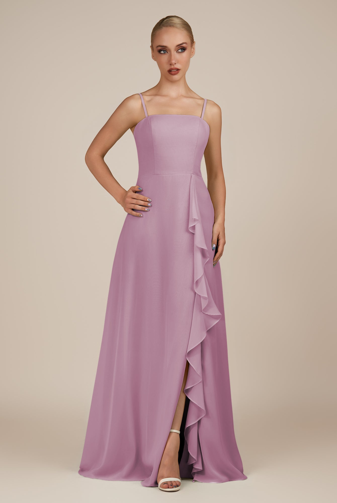 KissDress-Queniva Wisteria Sheath Chiffon Spaghetti Straps Ruffles Long Bridesmaid Dress with Slit