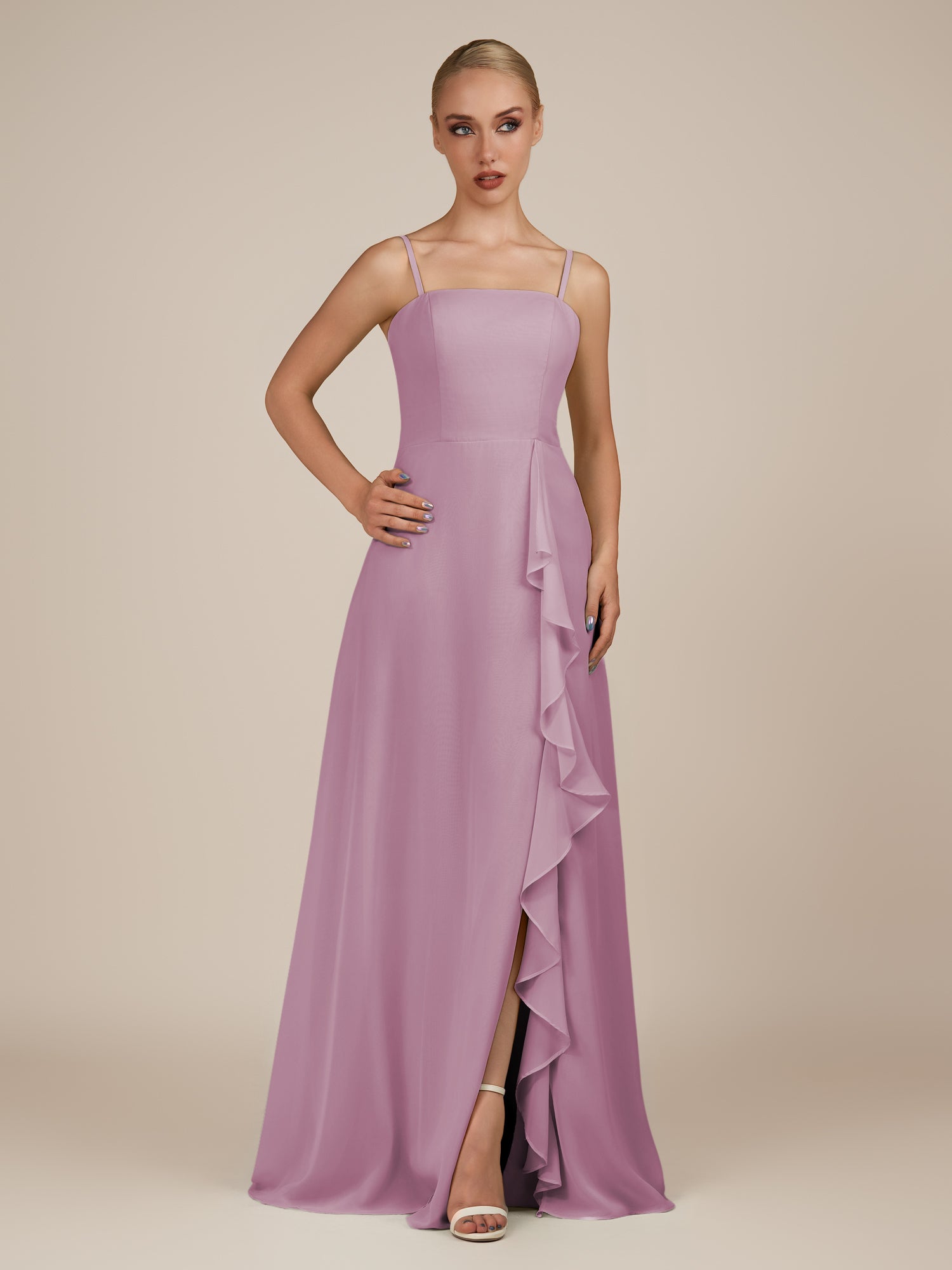 KissDress-Queniva Wisteria Sheath Chiffon Spaghetti Straps Ruffles Long Bridesmaid Dress with Slit