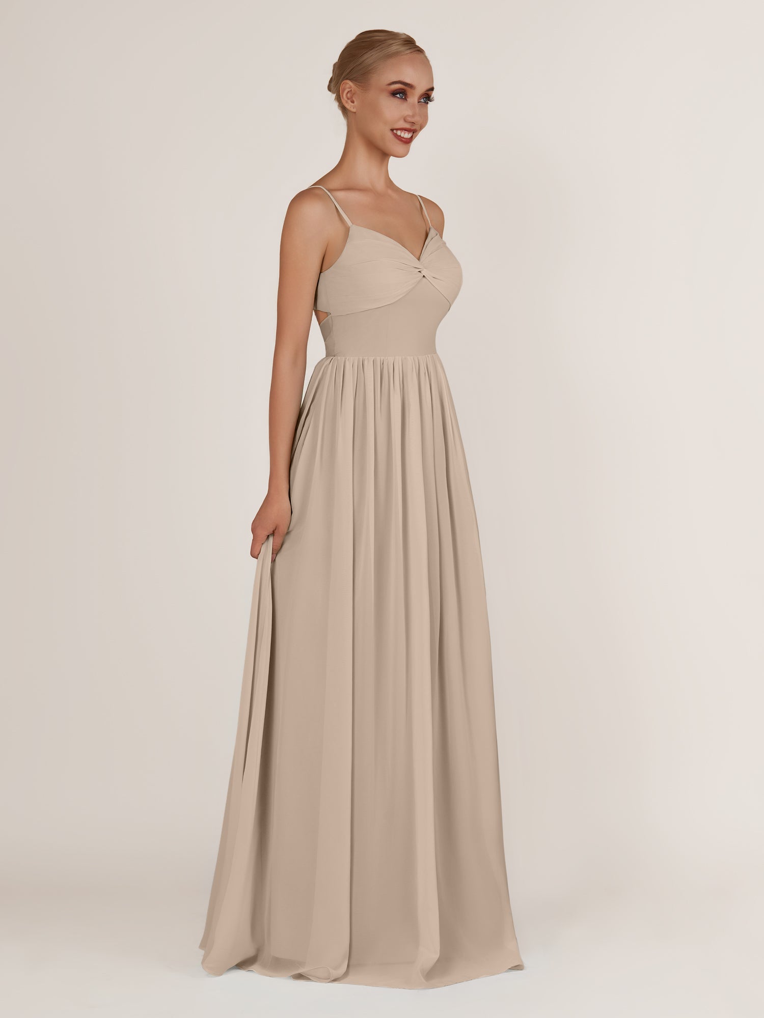 KissDress-Quillaine Almond A Line V Neck Twisted Long Bridesmaid Dress with Slit