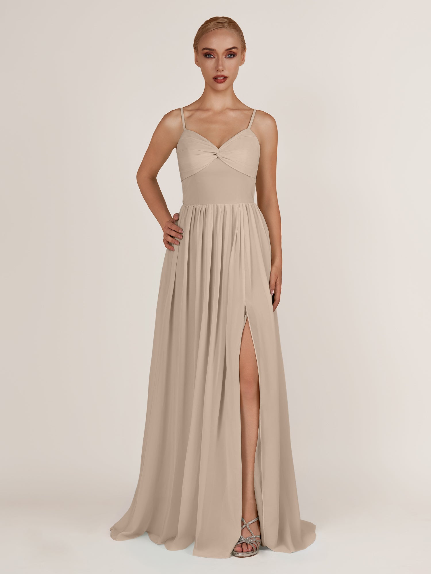 KissDress-Quillaine Almond A Line V Neck Twisted Long Bridesmaid Dress with Slit