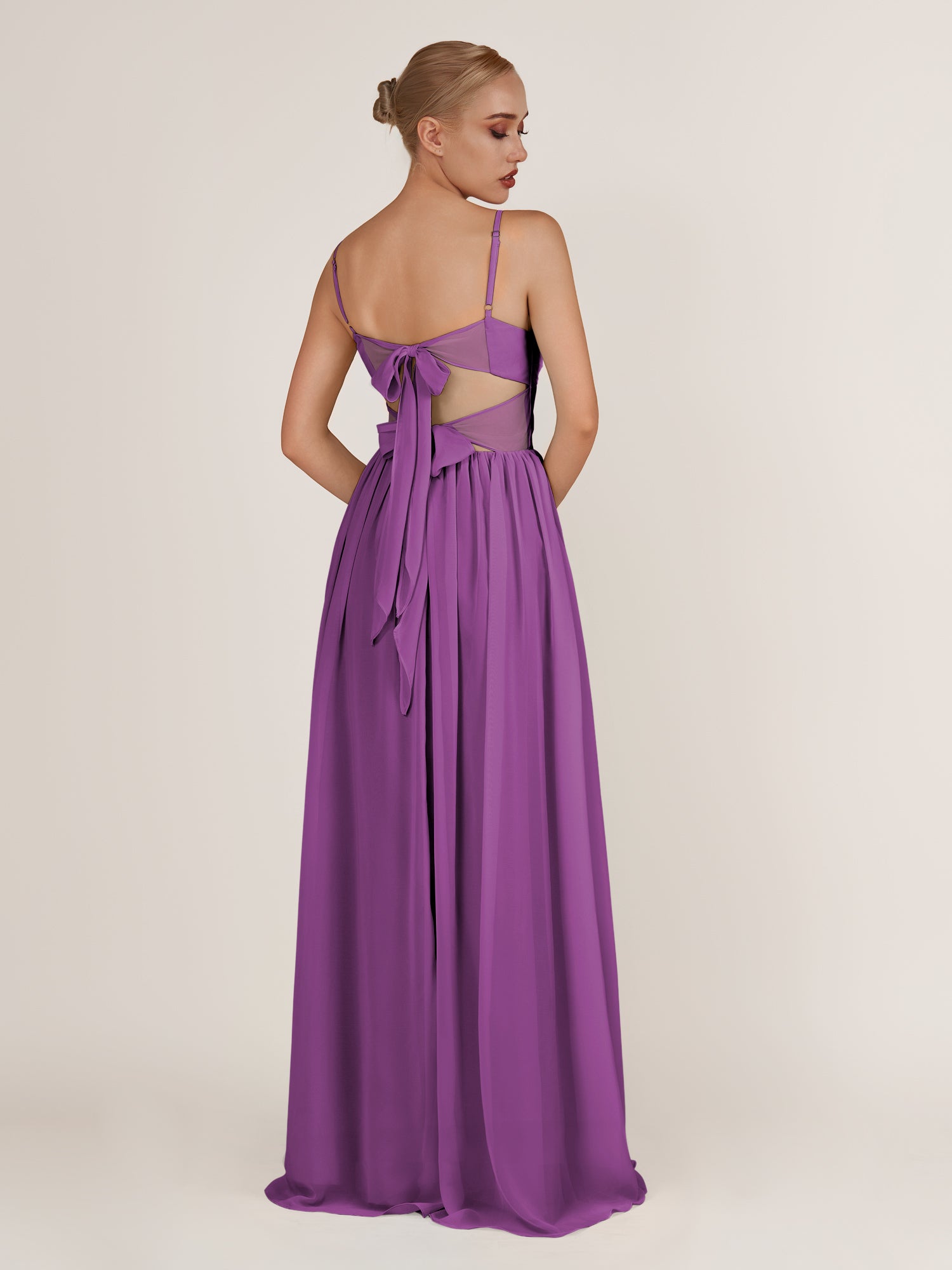 KissDress-Quillaine Amethyst A Line V Neck Twisted Long Bridesmaid Dress with Slit