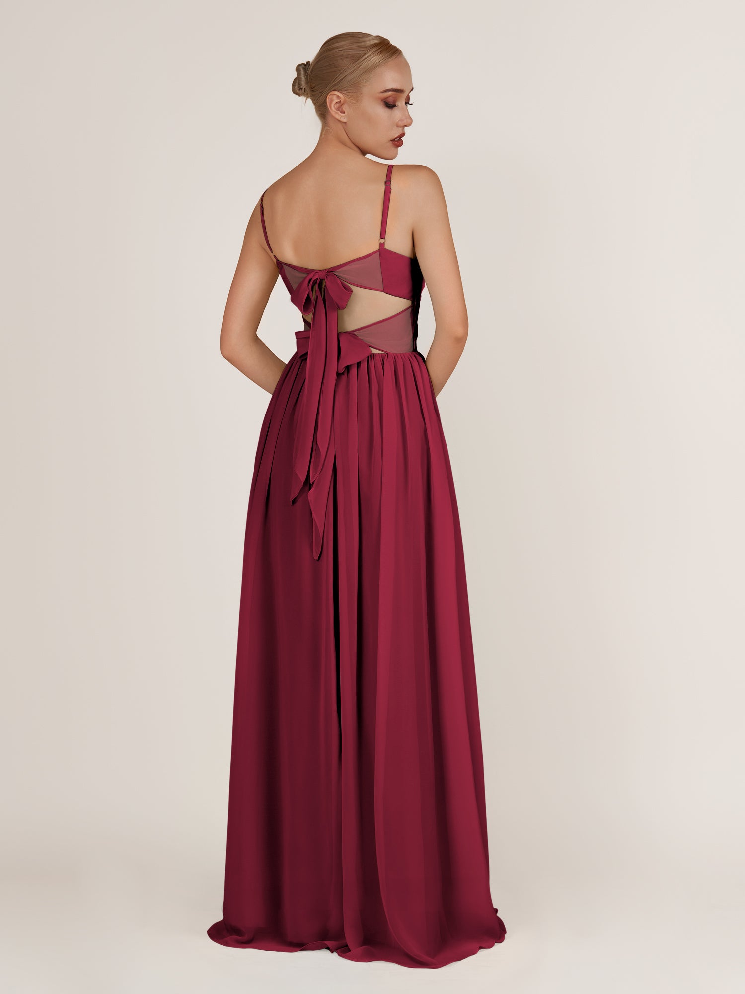 KissDress-Quillaine Berry A Line V Neck Twisted Long Bridesmaid Dress with Slit