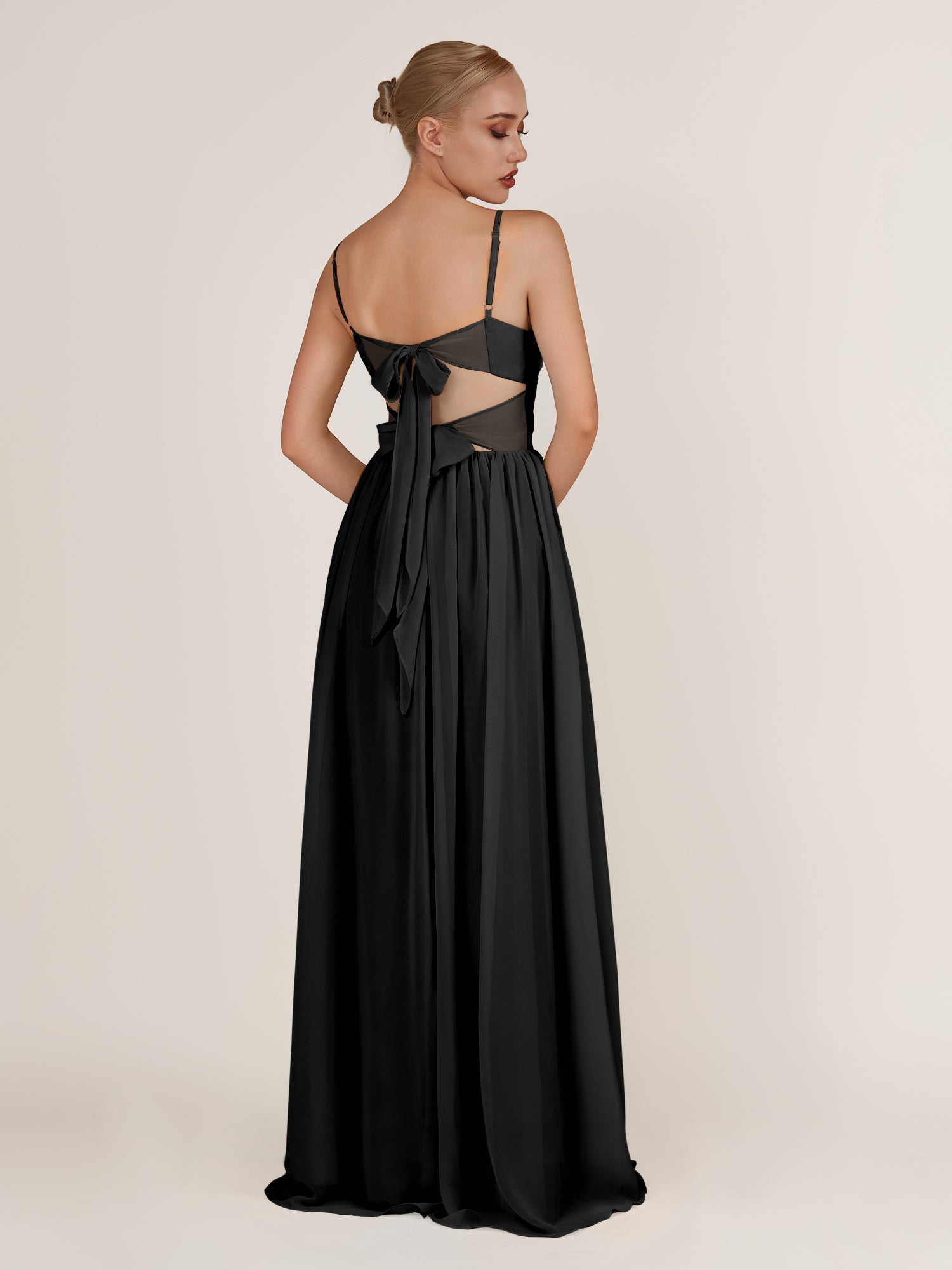KissDress-Quillaine Black A Line V Neck Twisted Long Bridesmaid Dress with Slit