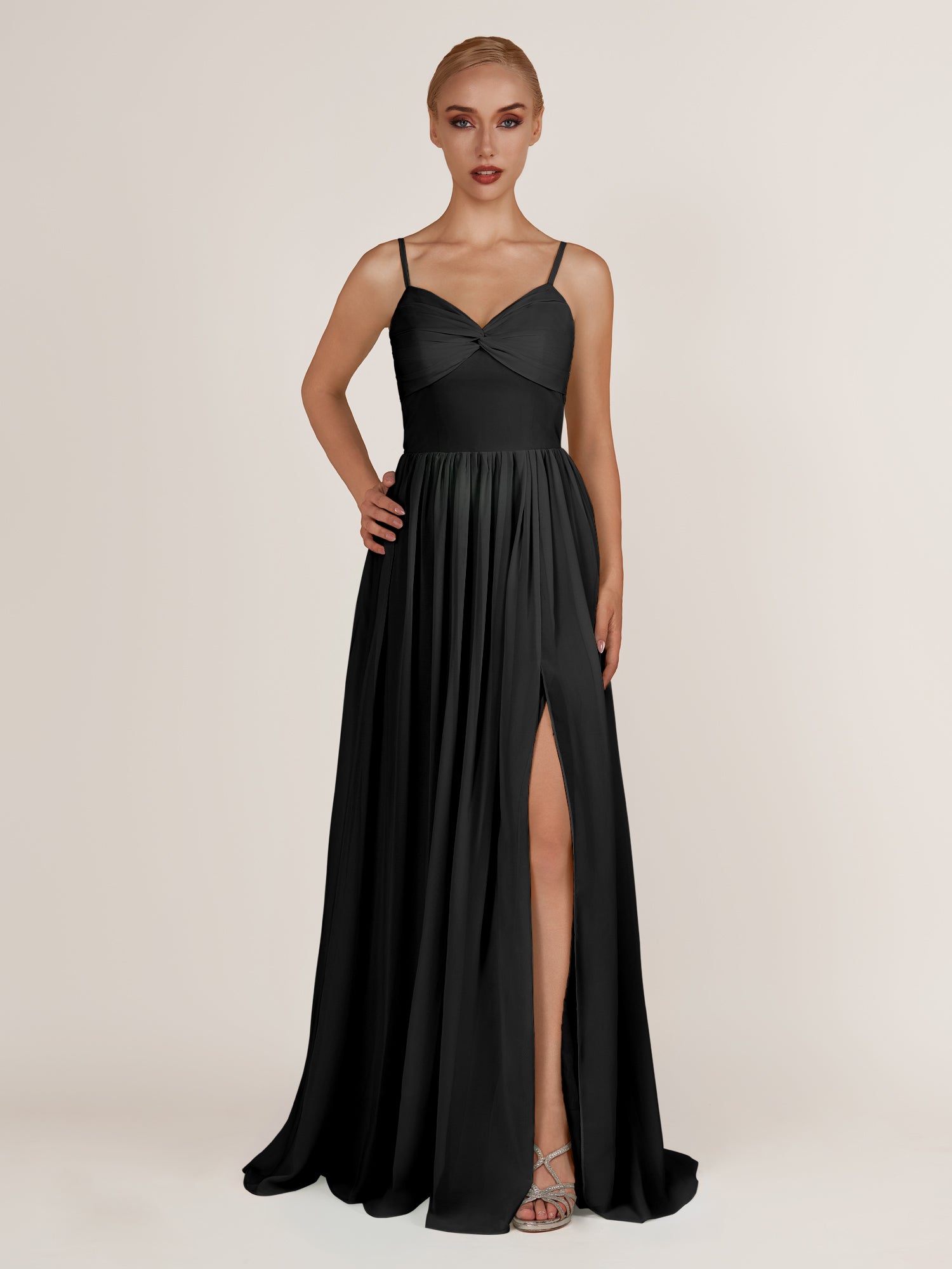 KissDress-Quillaine Black A Line V Neck Twisted Long Bridesmaid Dress with Slit