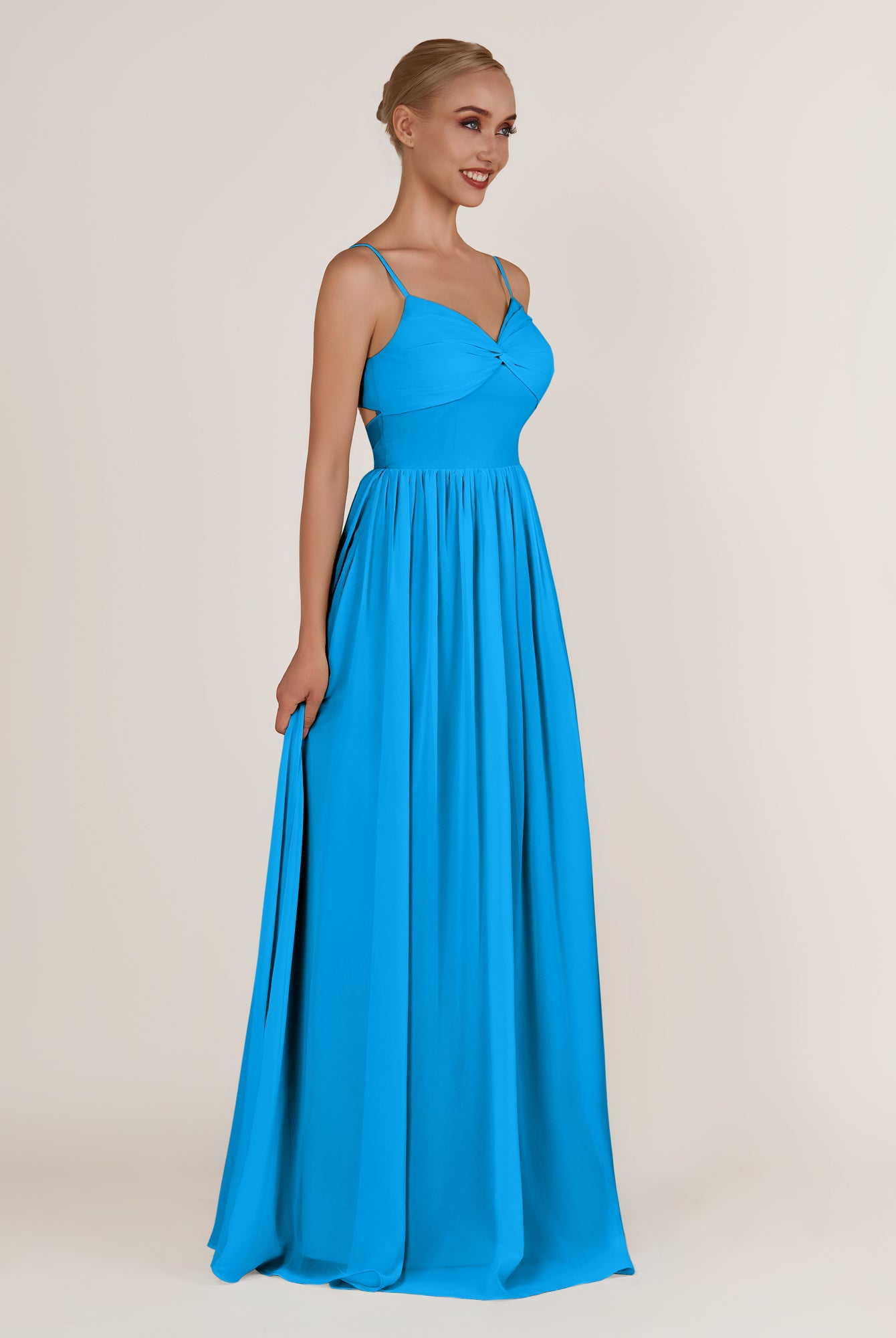 KissDress-Quillaine Blue Jay A Line V Neck Twisted Long Bridesmaid Dress with Slit