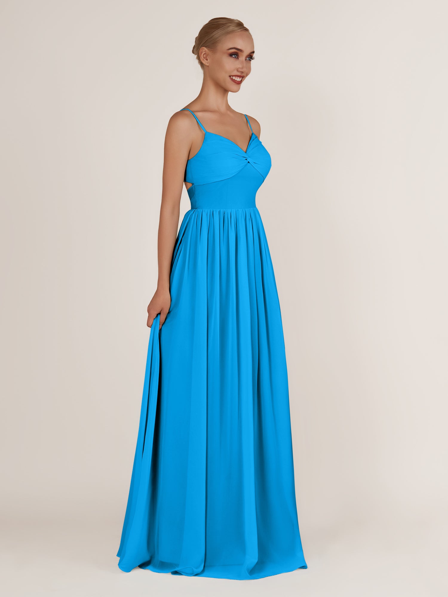KissDress-Quillaine Blue Jay A Line V Neck Twisted Long Bridesmaid Dress with Slit