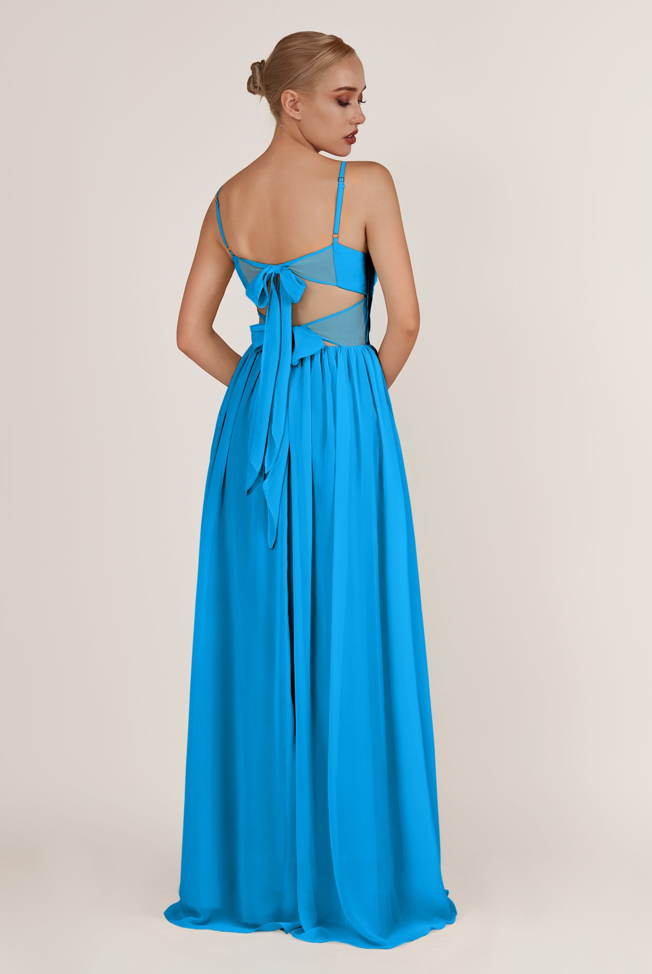 KissDress-Quillaine Blue Jay A Line V Neck Twisted Long Bridesmaid Dress with Slit