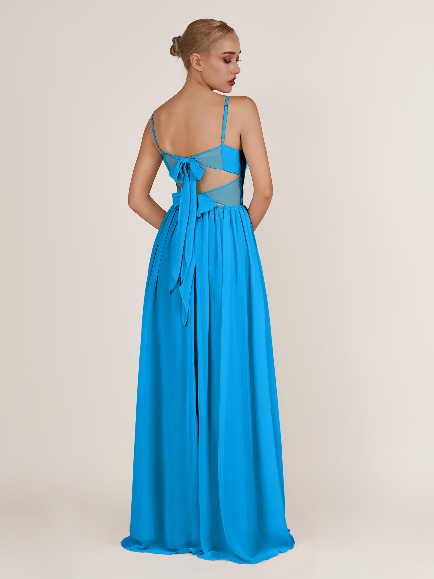 KissDress-Quillaine Blue Jay A Line V Neck Twisted Long Bridesmaid Dress with Slit