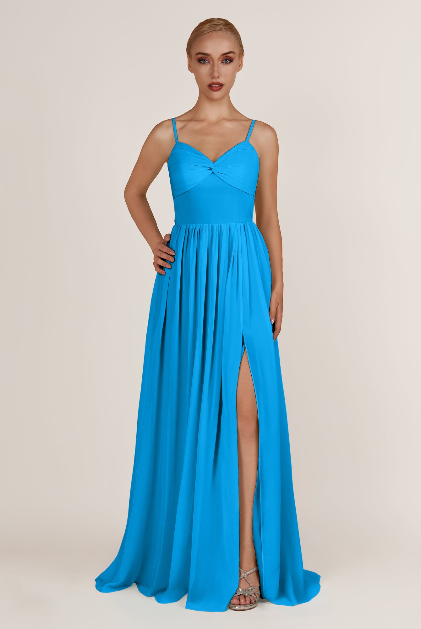 KissDress-Quillaine Blue Jay A Line V Neck Twisted Long Bridesmaid Dress with Slit