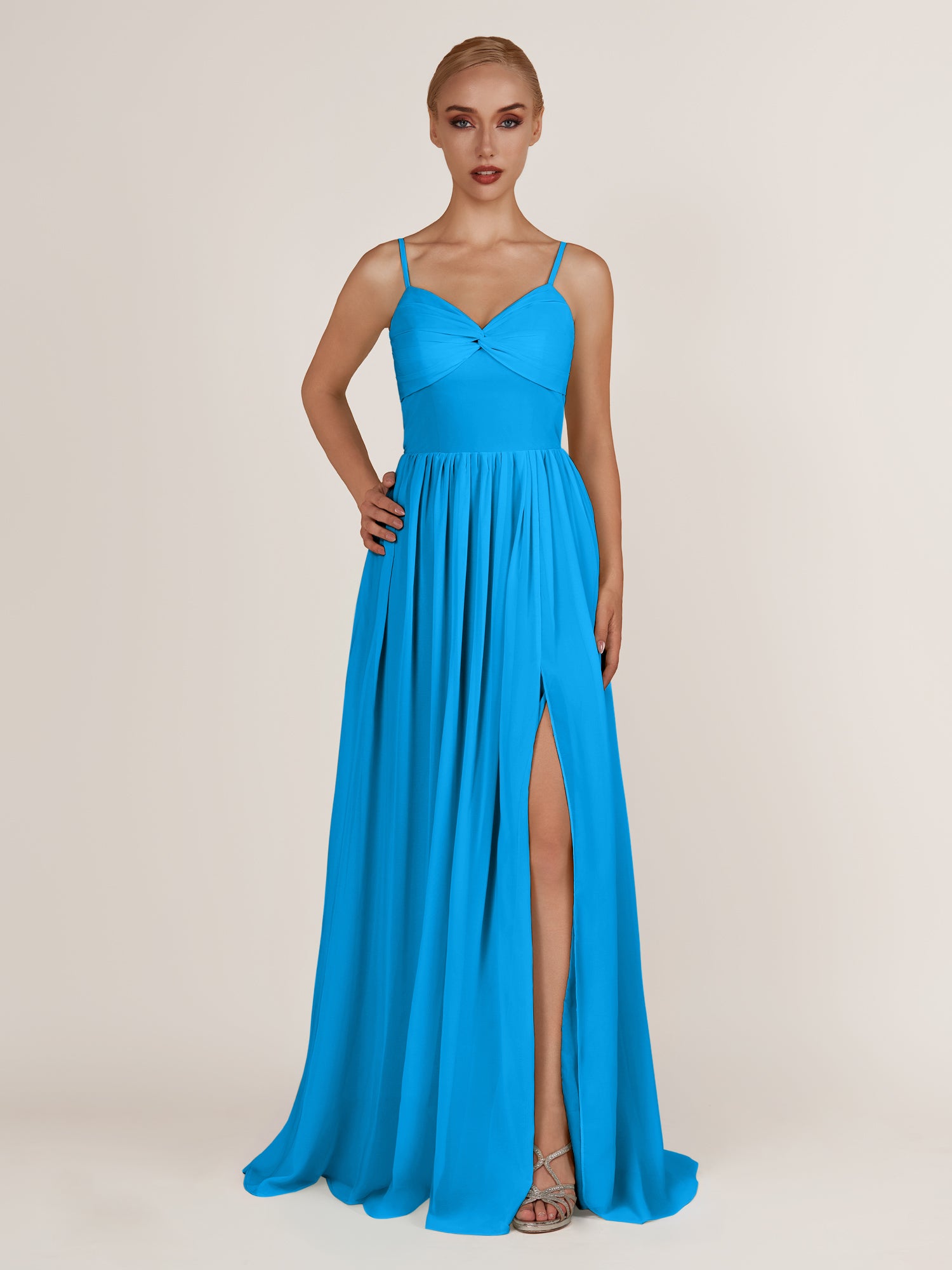 KissDress-Quillaine Blue Jay A Line V Neck Twisted Long Bridesmaid Dress with Slit