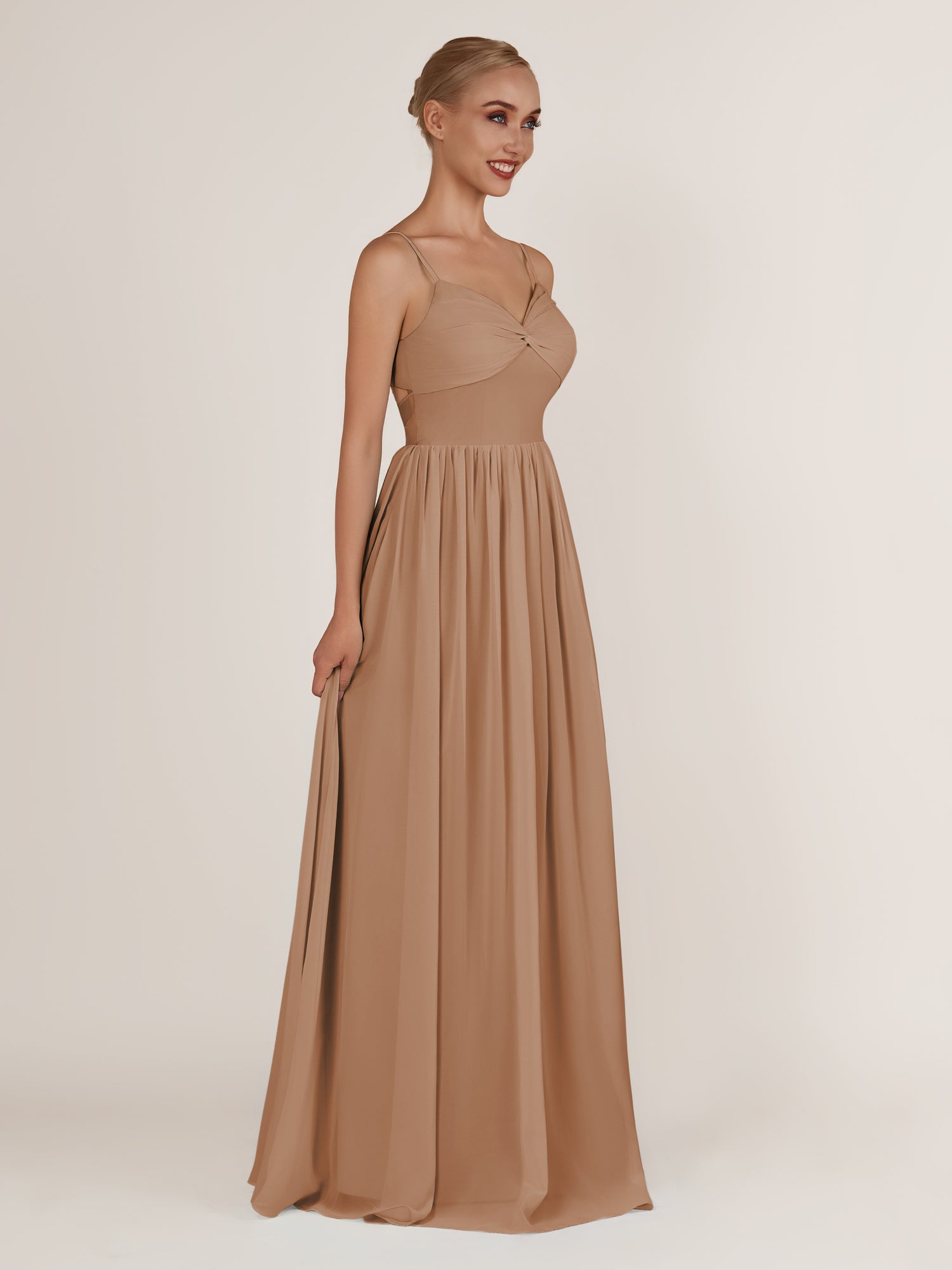 KissDress-Quillaine Bronzer A Line V Neck Twisted Long Bridesmaid Dress with Slit