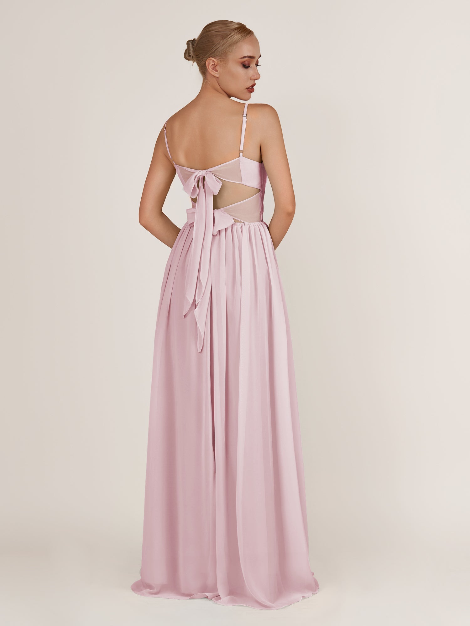 KissDress-Quillaine Candy Pink A Line V Neck Twisted Long Bridesmaid Dress with Slit