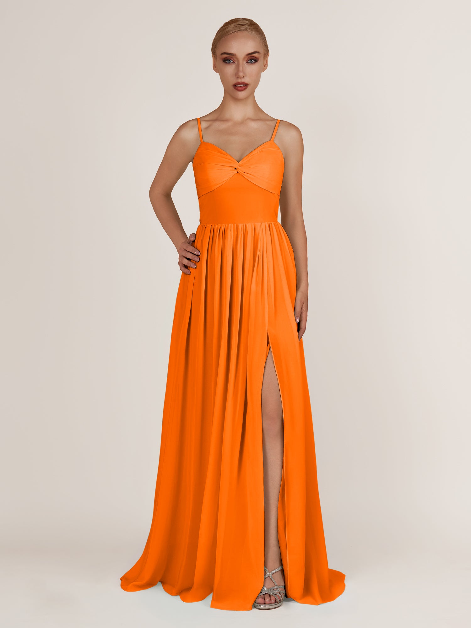 KissDress-Quillaine Cinnamon A Line V Neck Twisted Long Bridesmaid Dress with Slit