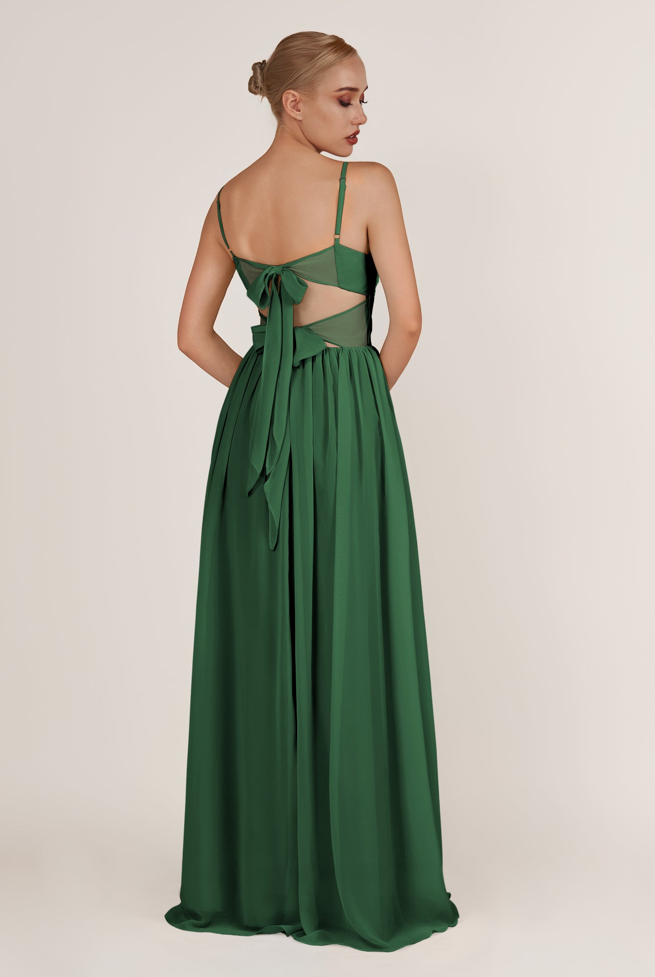 KissDress-Quillaine Dark Green A Line V Neck Twisted Long Bridesmaid Dress with Slit