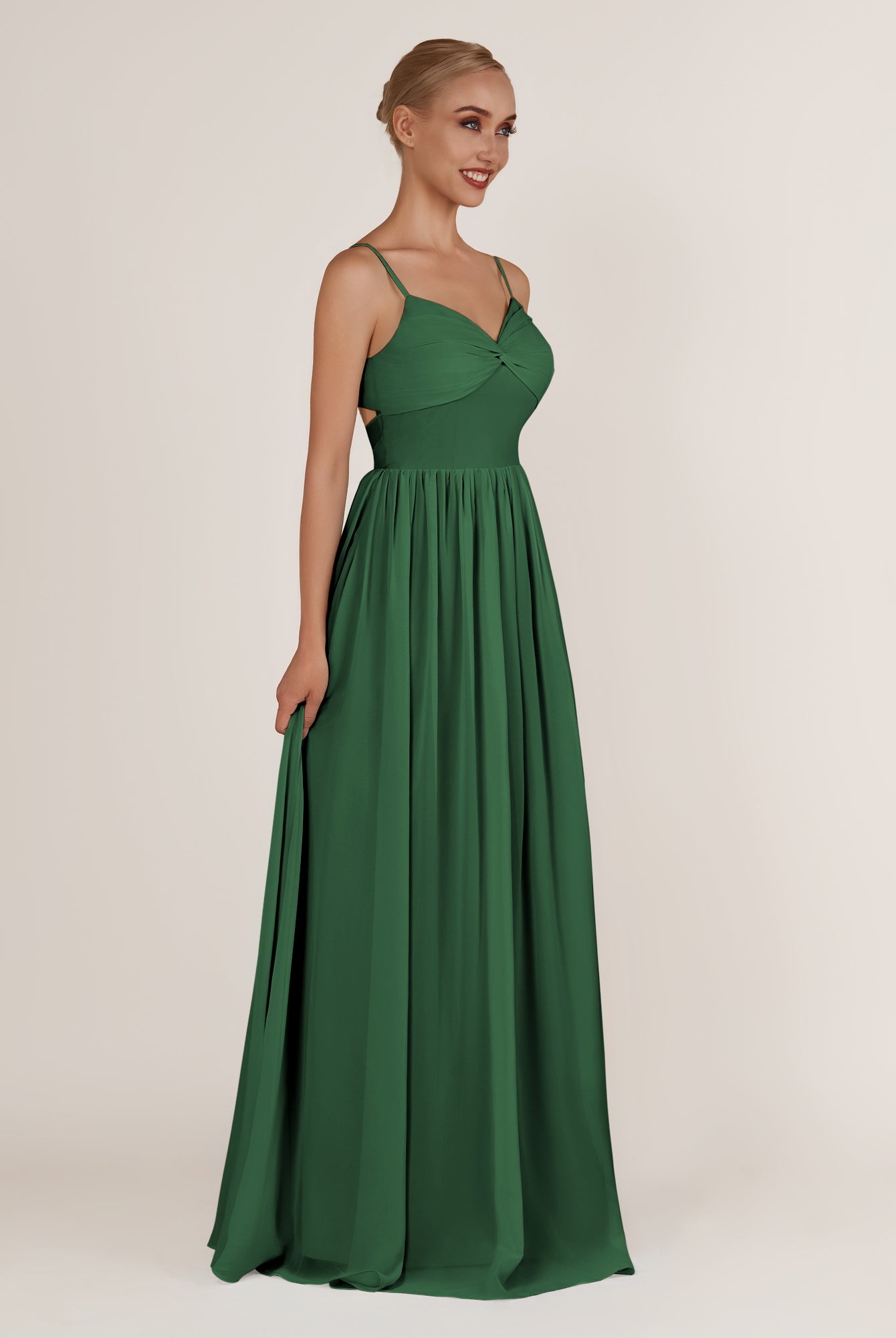 KissDress-Quillaine Dark Green A Line V Neck Twisted Long Bridesmaid Dress with Slit