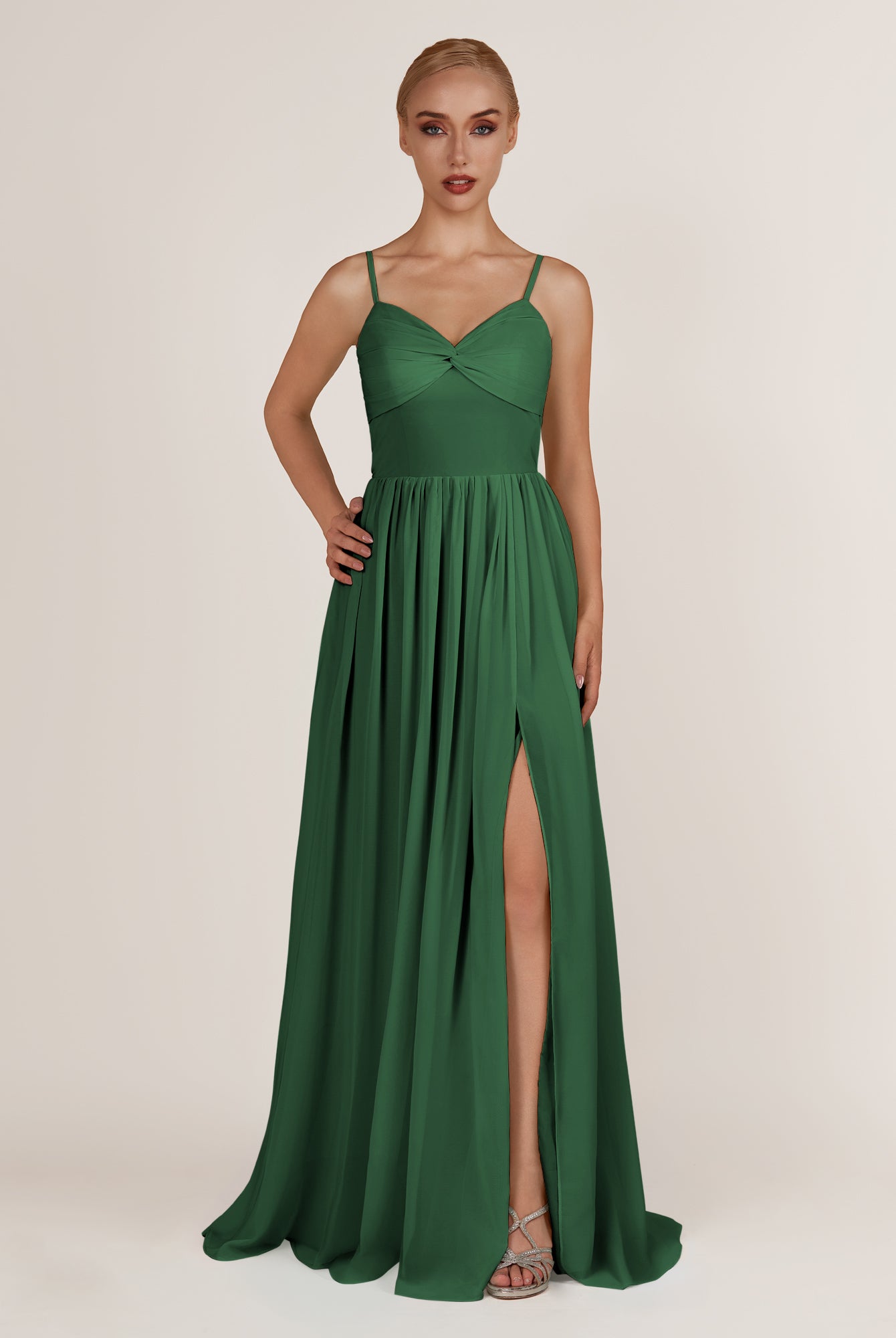 KissDress-Quillaine Dark Green A Line V Neck Twisted Long Bridesmaid Dress with Slit