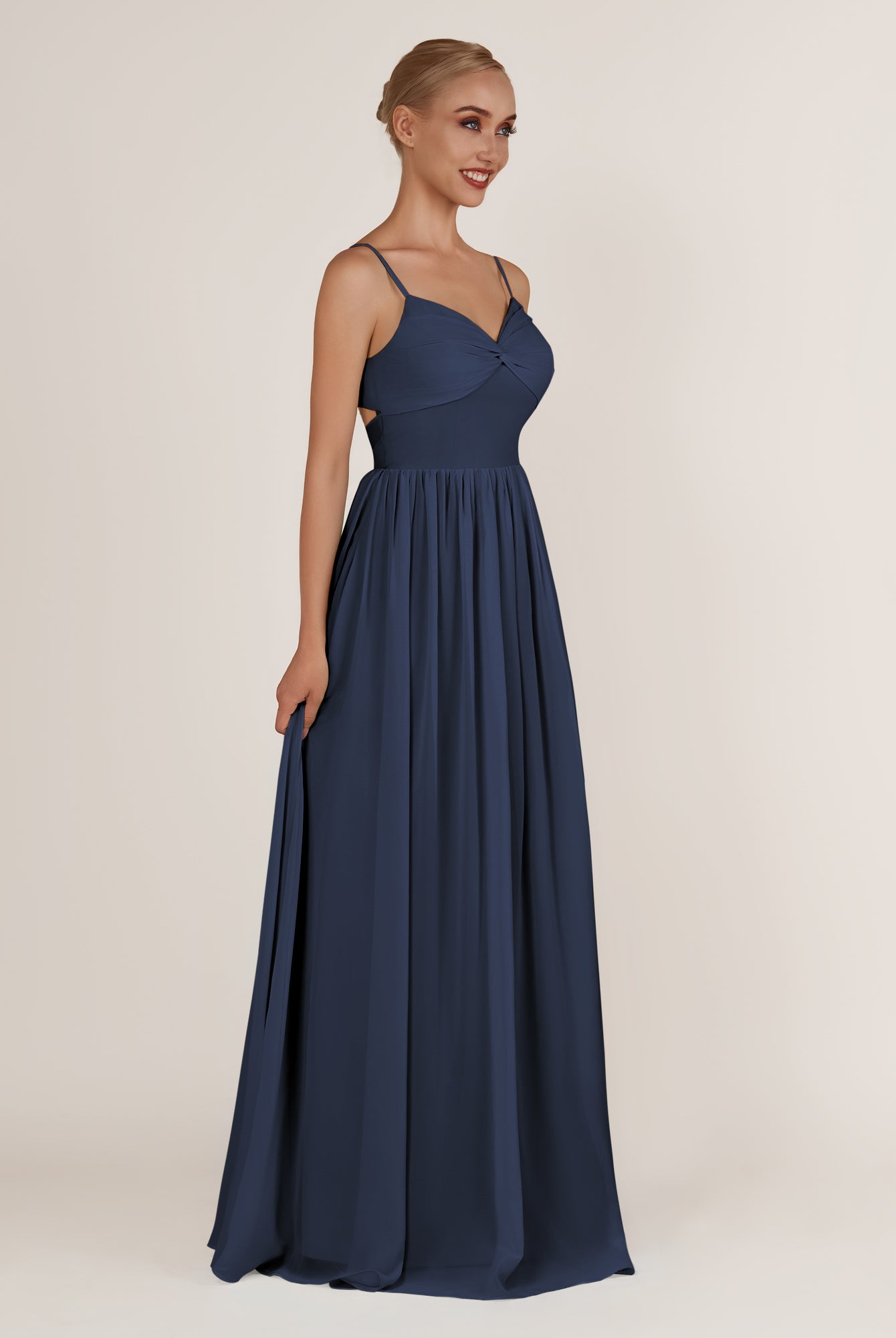 KissDress-Quillaine Dark Navy A Line V Neck Twisted Long Bridesmaid Dress with Slit