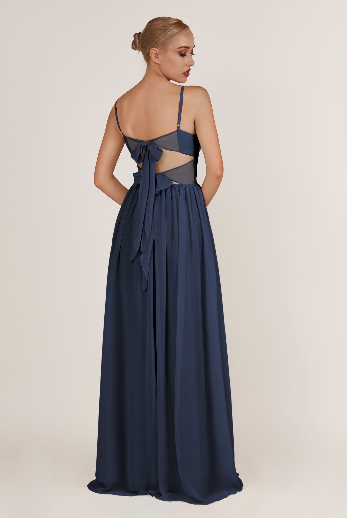 KissDress-Quillaine Dark Navy A Line V Neck Twisted Long Bridesmaid Dress with Slit