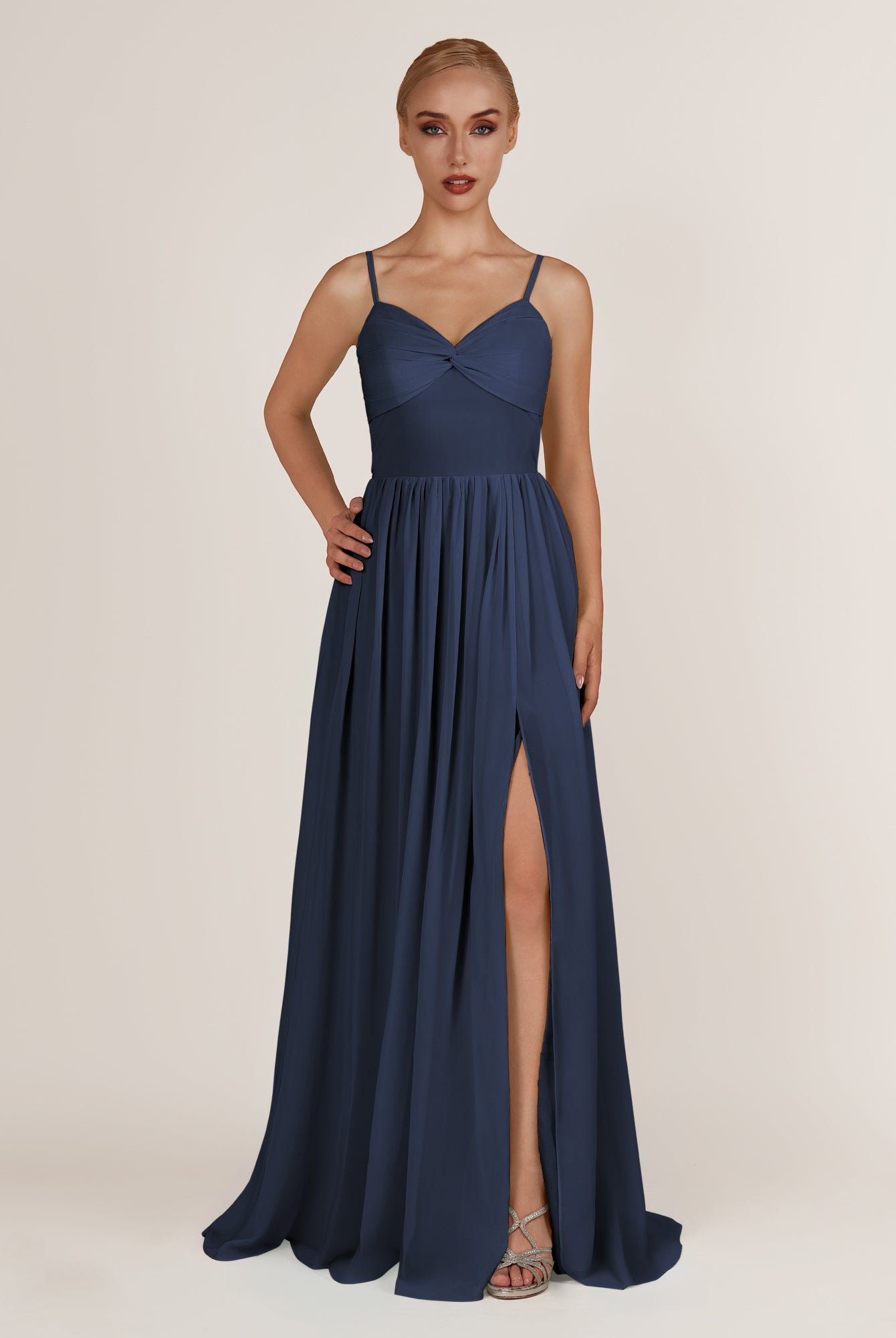 KissDress-Quillaine Dark Navy A Line V Neck Twisted Long Bridesmaid Dress with Slit