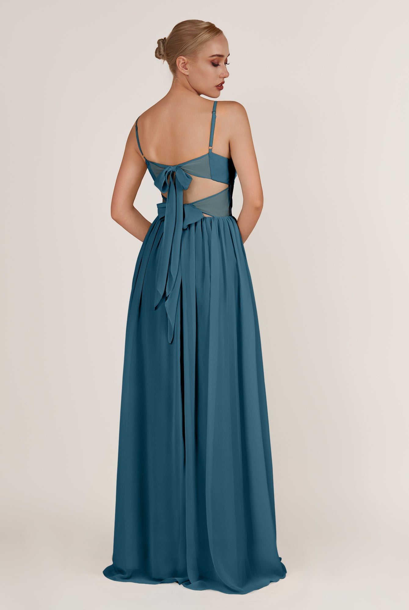 KissDress-Quillaine Dark Teal A Line V Neck Twisted Long Bridesmaid Dress with Slit