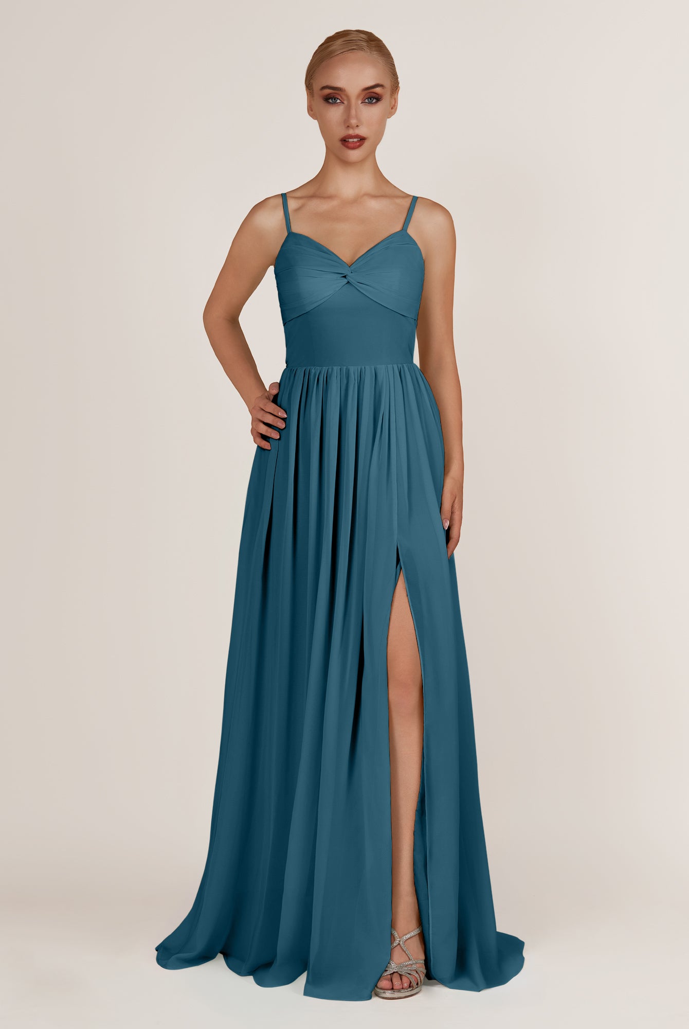 KissDress-Quillaine Dark Teal A Line V Neck Twisted Long Bridesmaid Dress with Slit