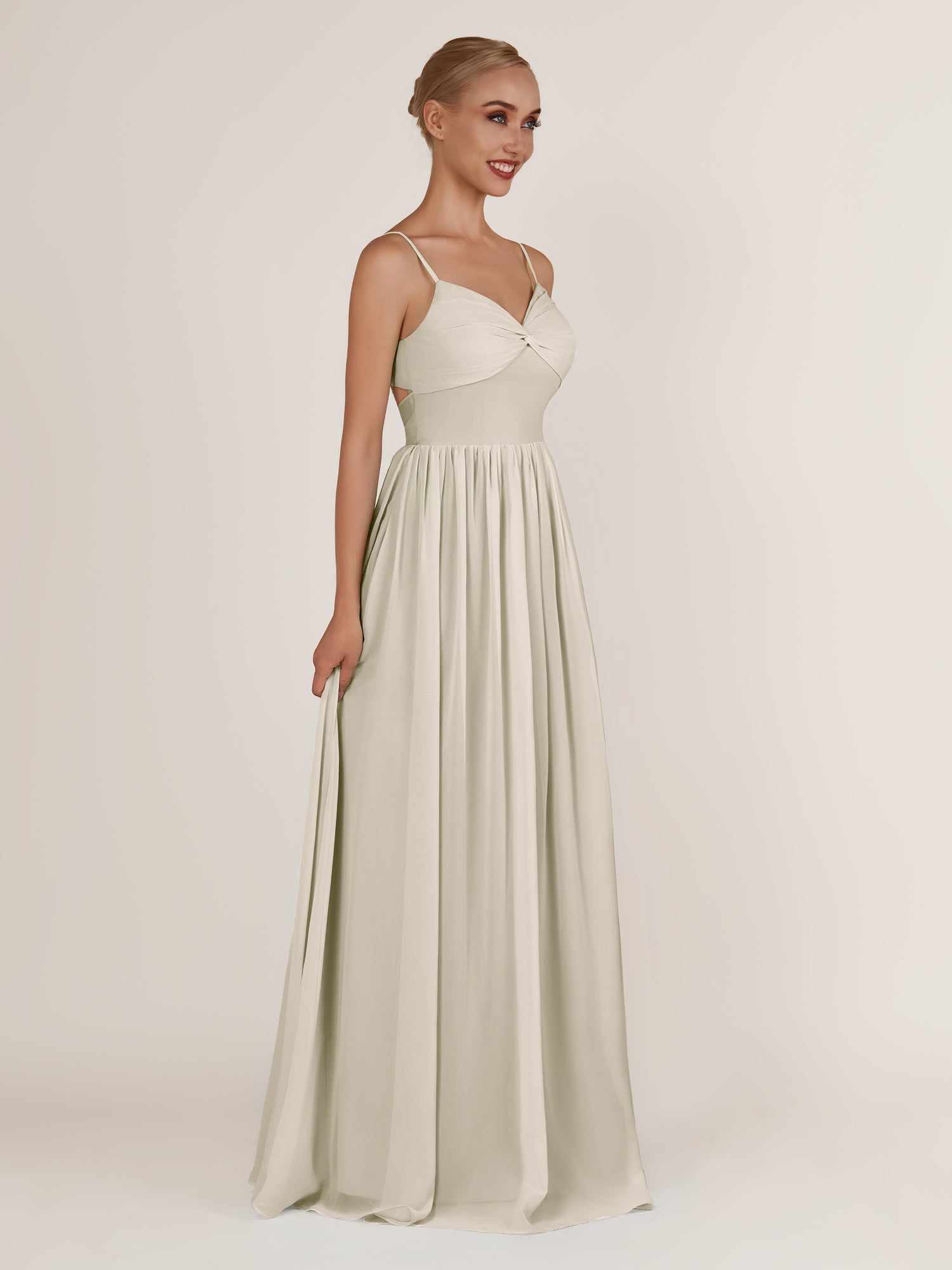 KissDress-Quillaine Dove Gray A Line V Neck Twisted Long Bridesmaid Dress with Slit