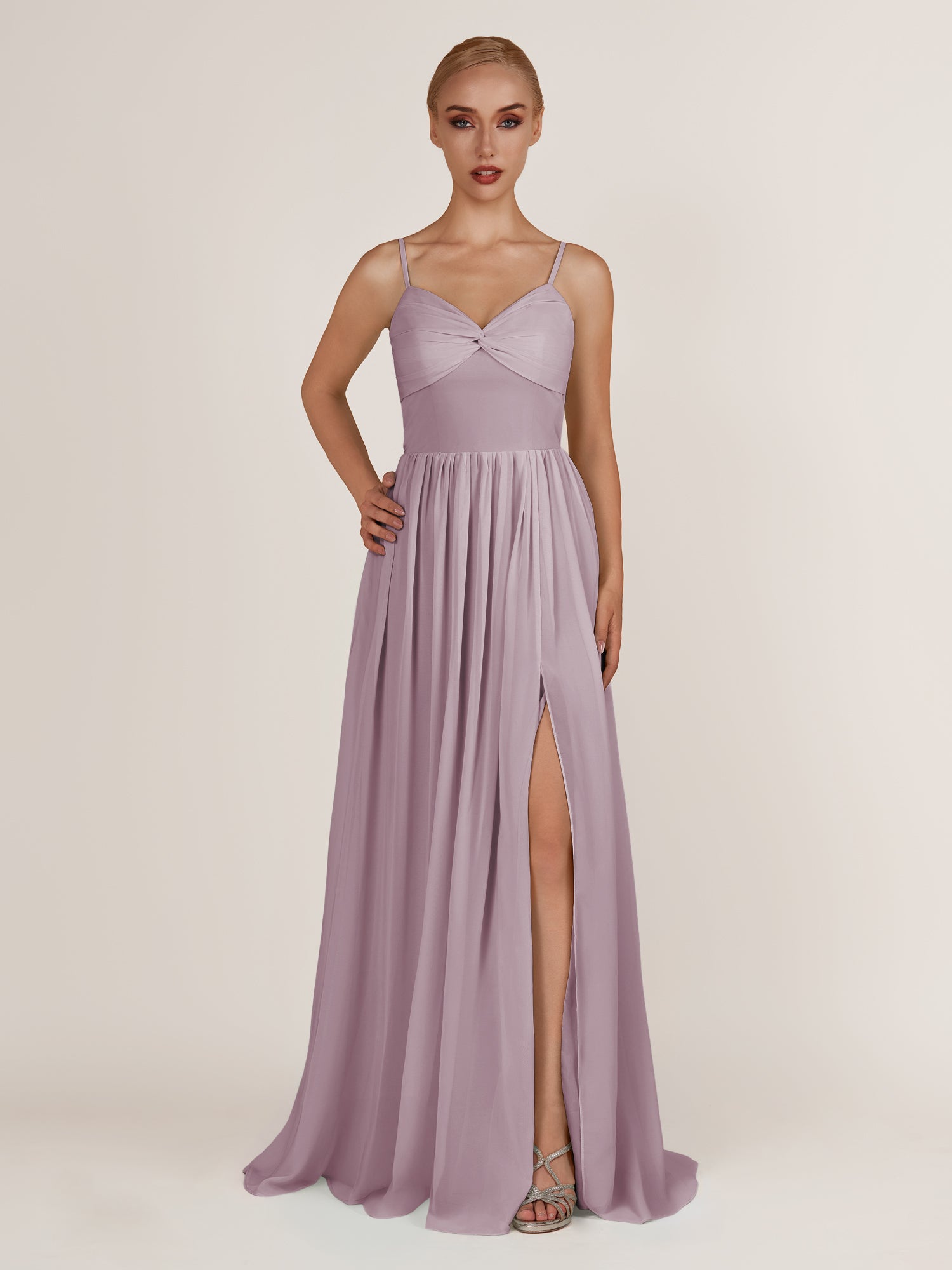 KissDress-Quillaine Dusk A Line V Neck Twisted Long Bridesmaid Dress with Slit