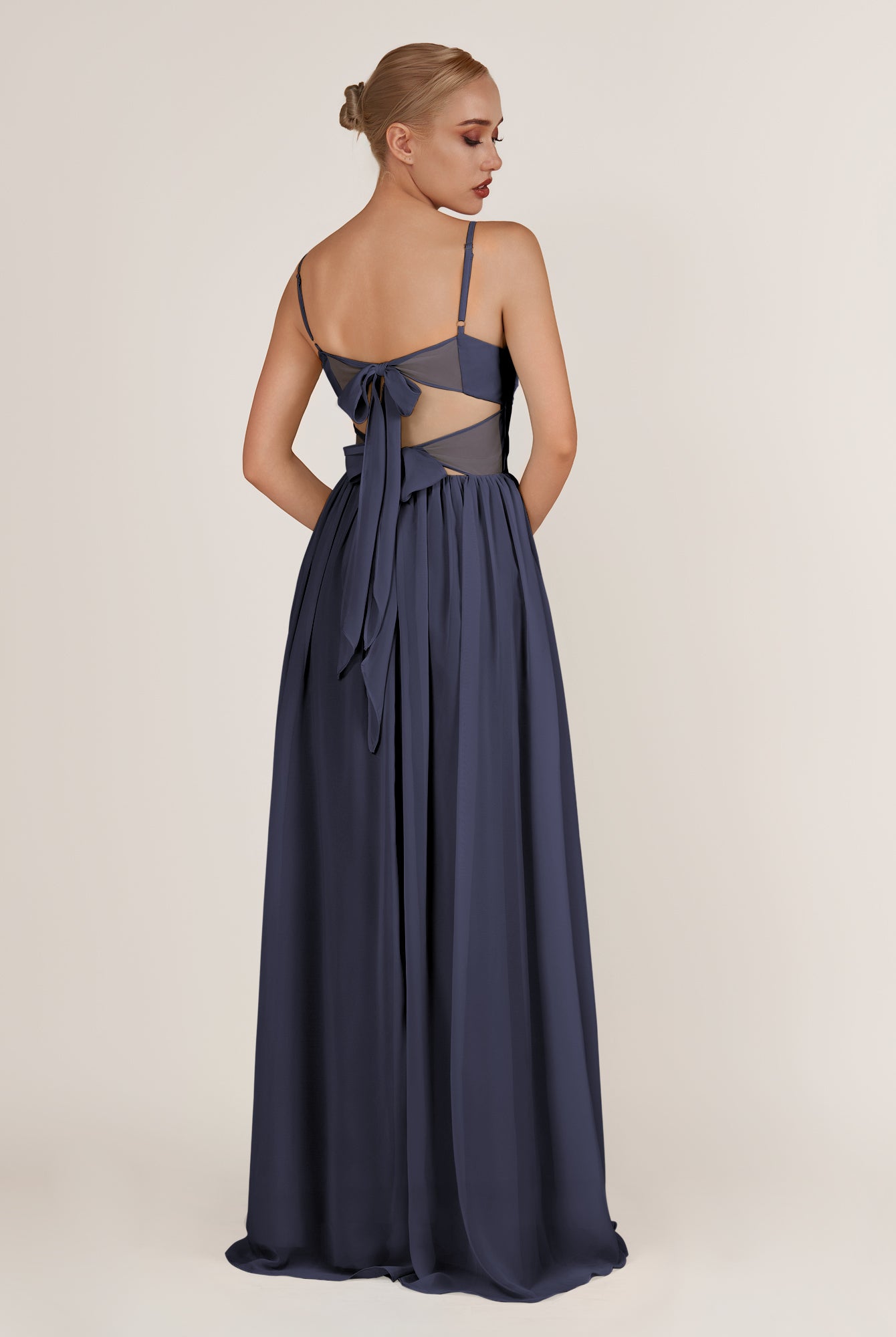 KissDress-Quillaine Dusk Blue A Line V Neck Twisted Long Bridesmaid Dress with Slit
