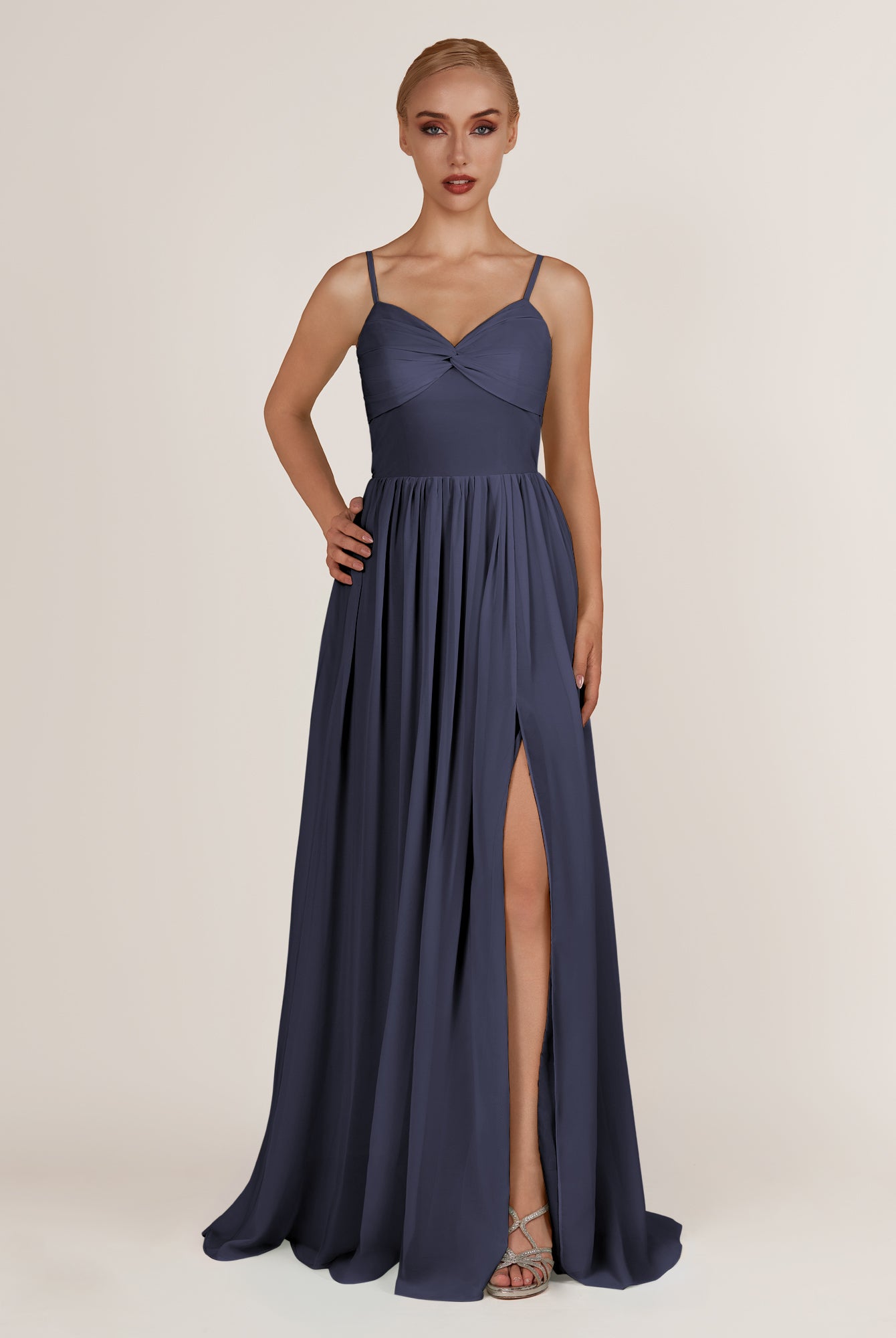 KissDress-Quillaine Dusk Blue A Line V Neck Twisted Long Bridesmaid Dress with Slit