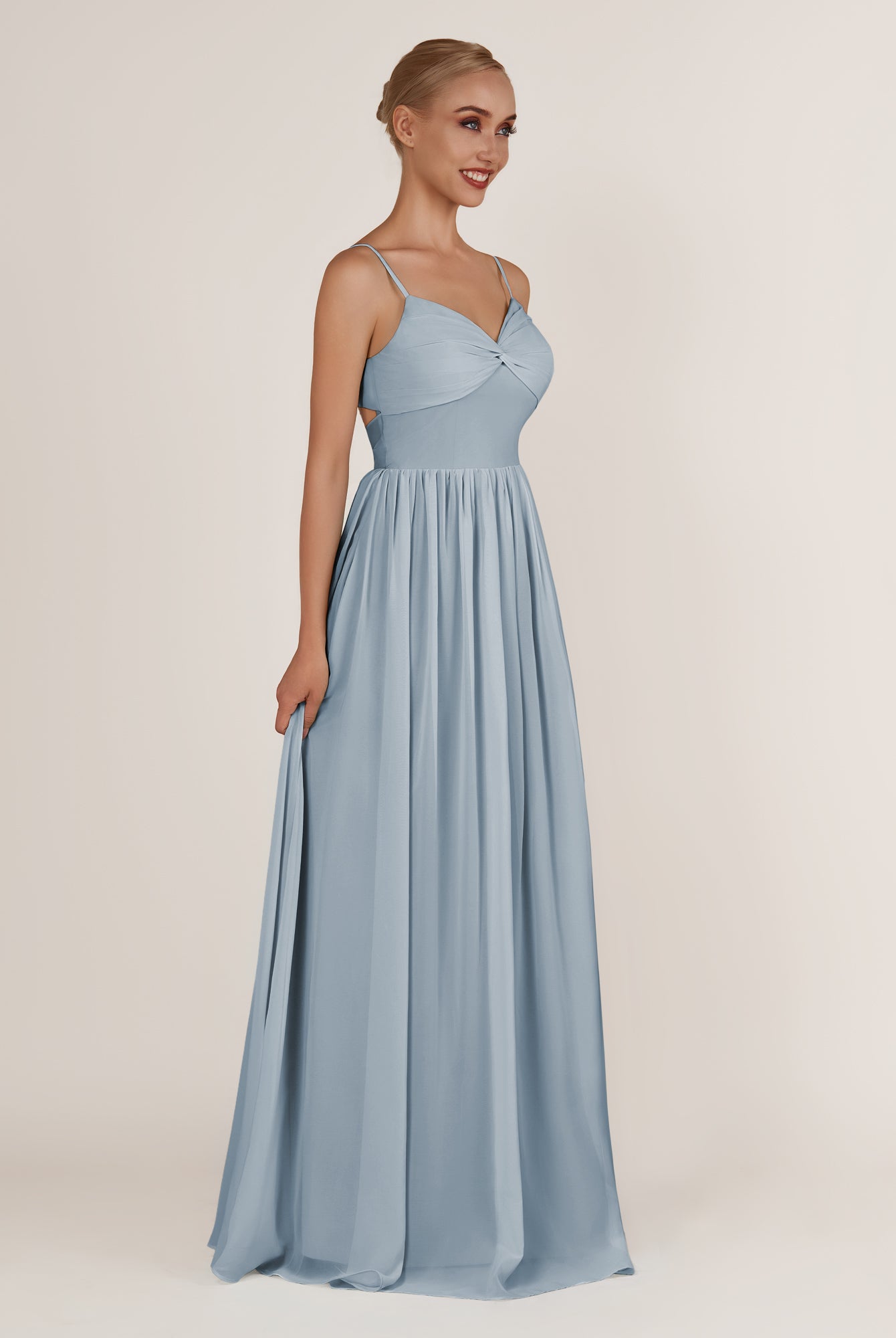 KissDress-Quillaine Dusty Blue A Line V Neck Twisted Long Bridesmaid Dress with Slit
