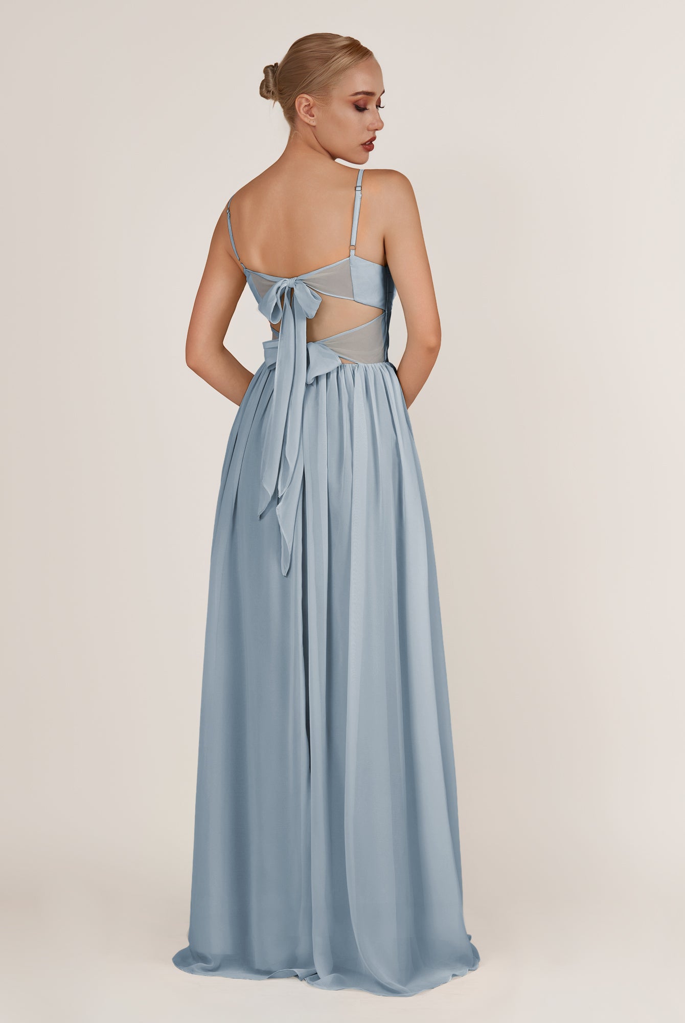 KissDress-Quillaine Dusty Blue A Line V Neck Twisted Long Bridesmaid Dress with Slit