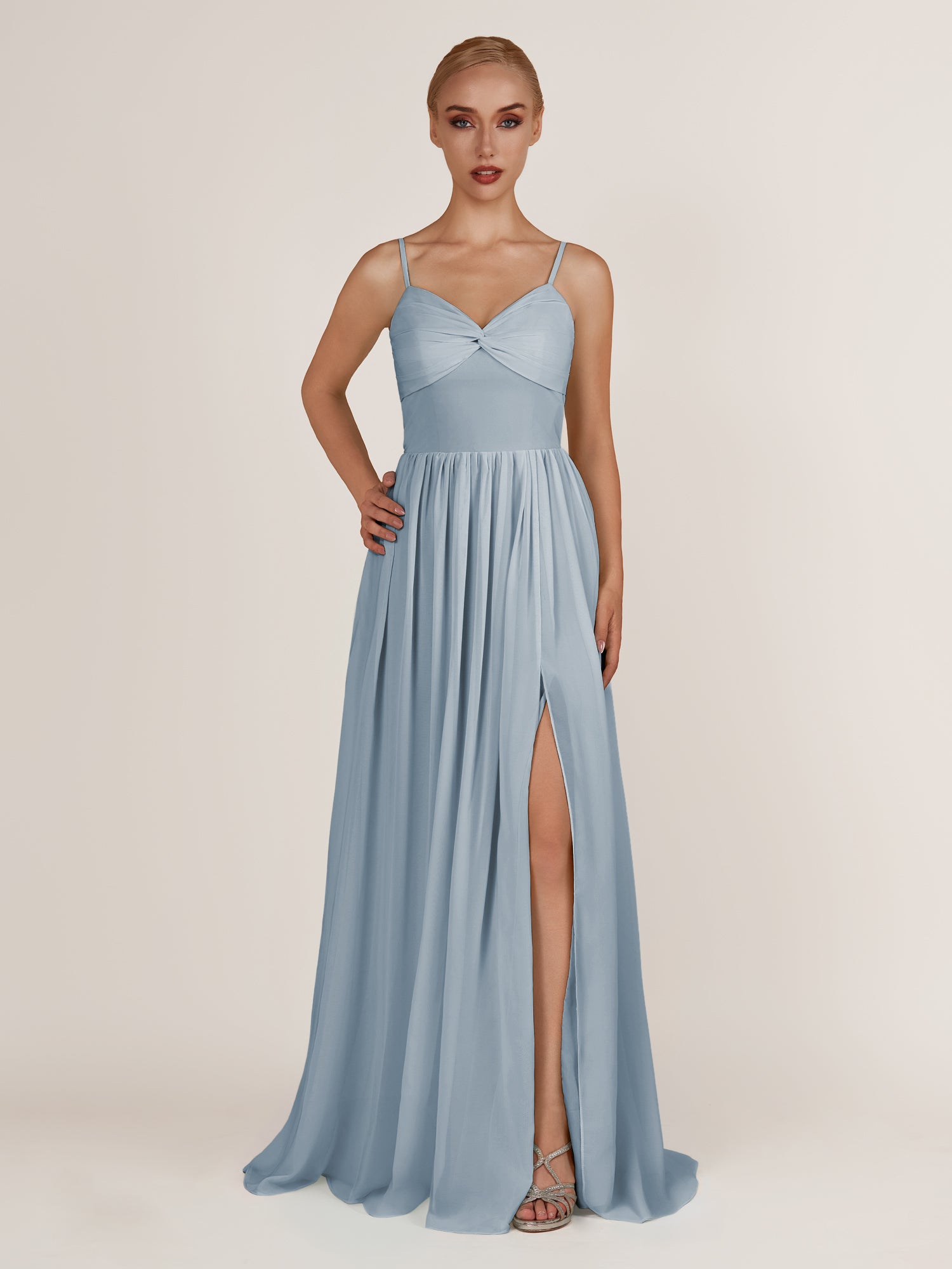 KissDress-Quillaine Dusty Blue A Line V Neck Twisted Long Bridesmaid Dress with Slit