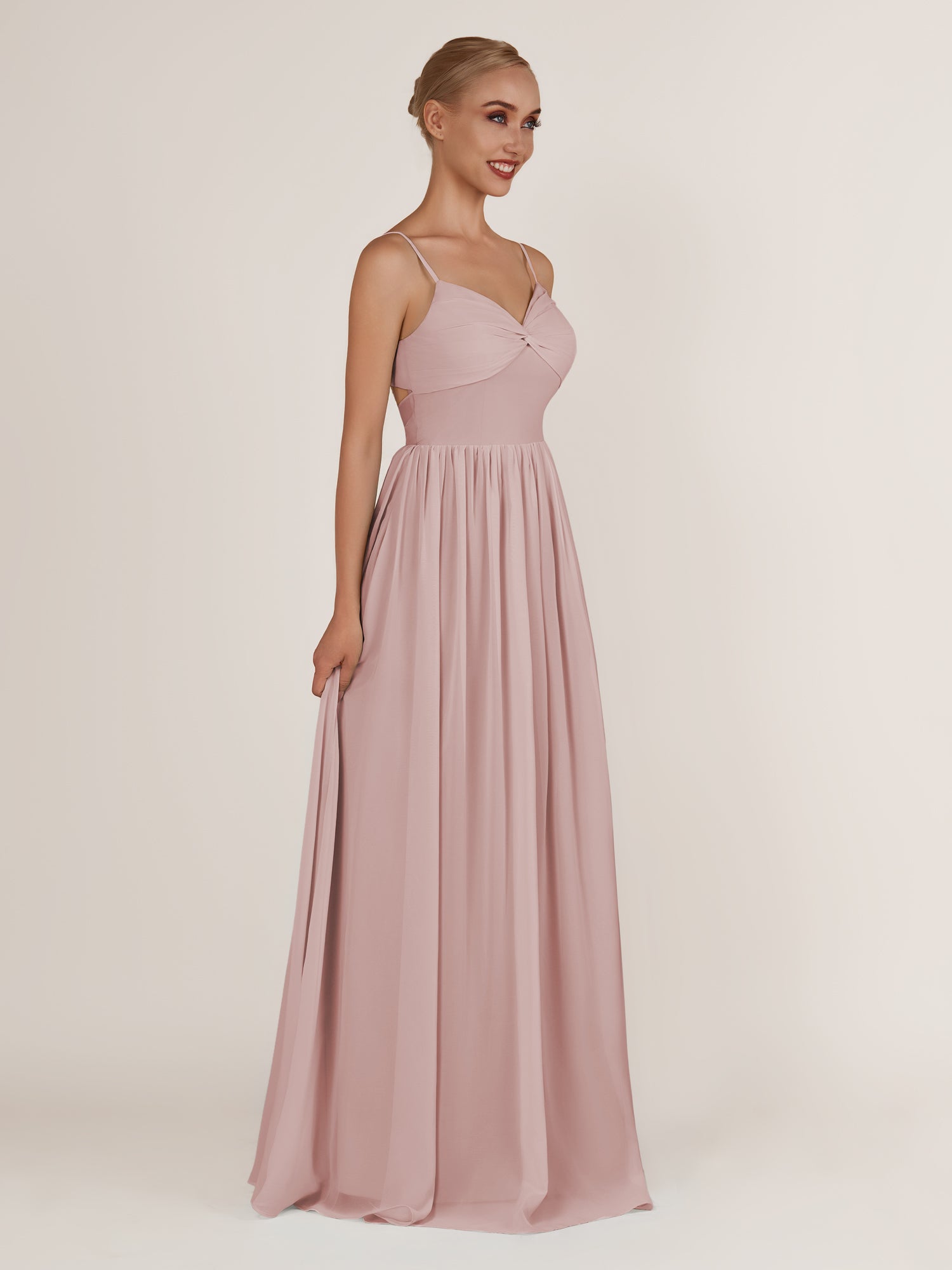 KissDress-Quillaine Dusty Rose A Line V Neck Twisted Long Bridesmaid Dress with Slit