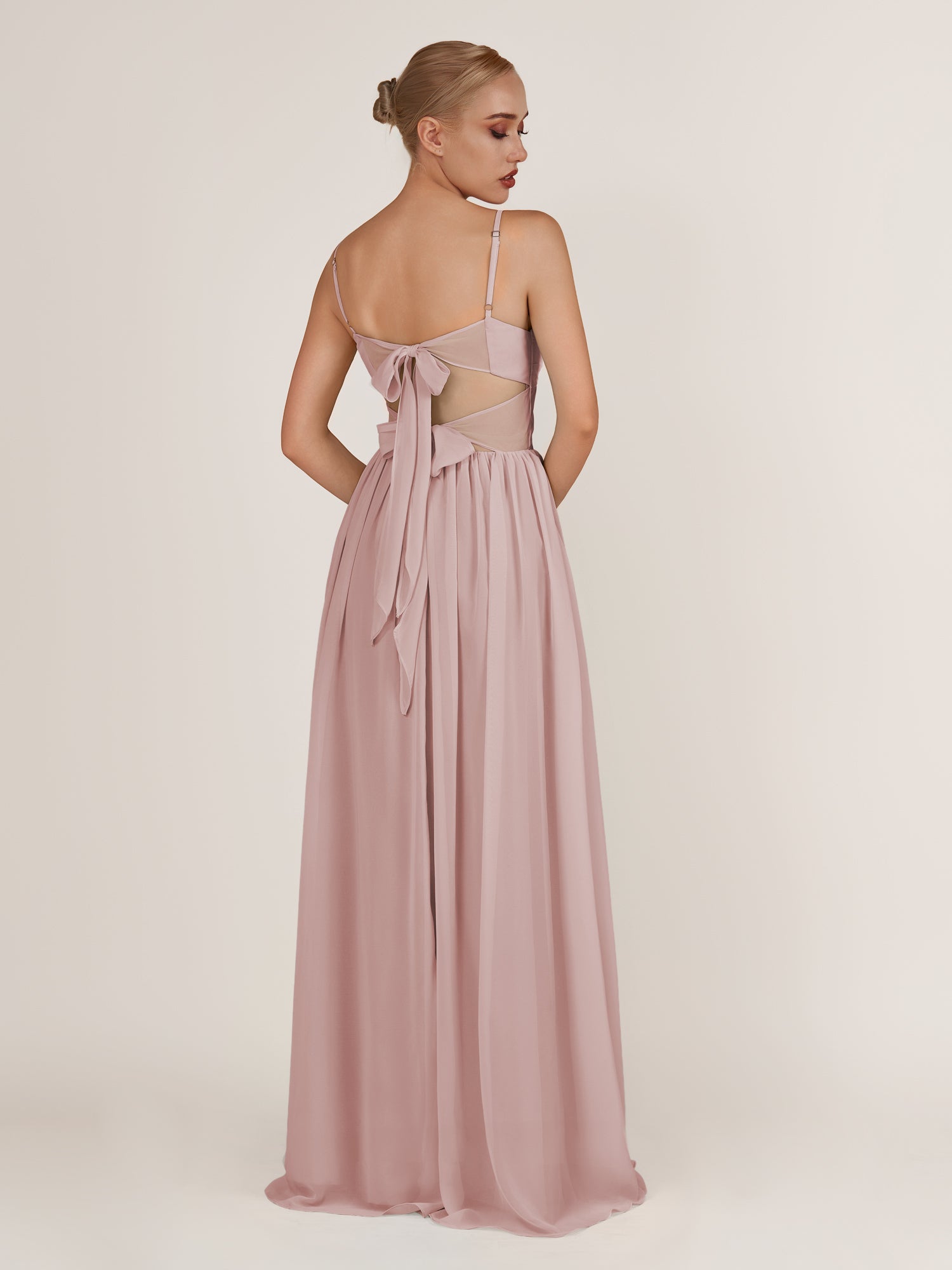 KissDress-Quillaine Dusty Rose A Line V Neck Twisted Long Bridesmaid Dress with Slit