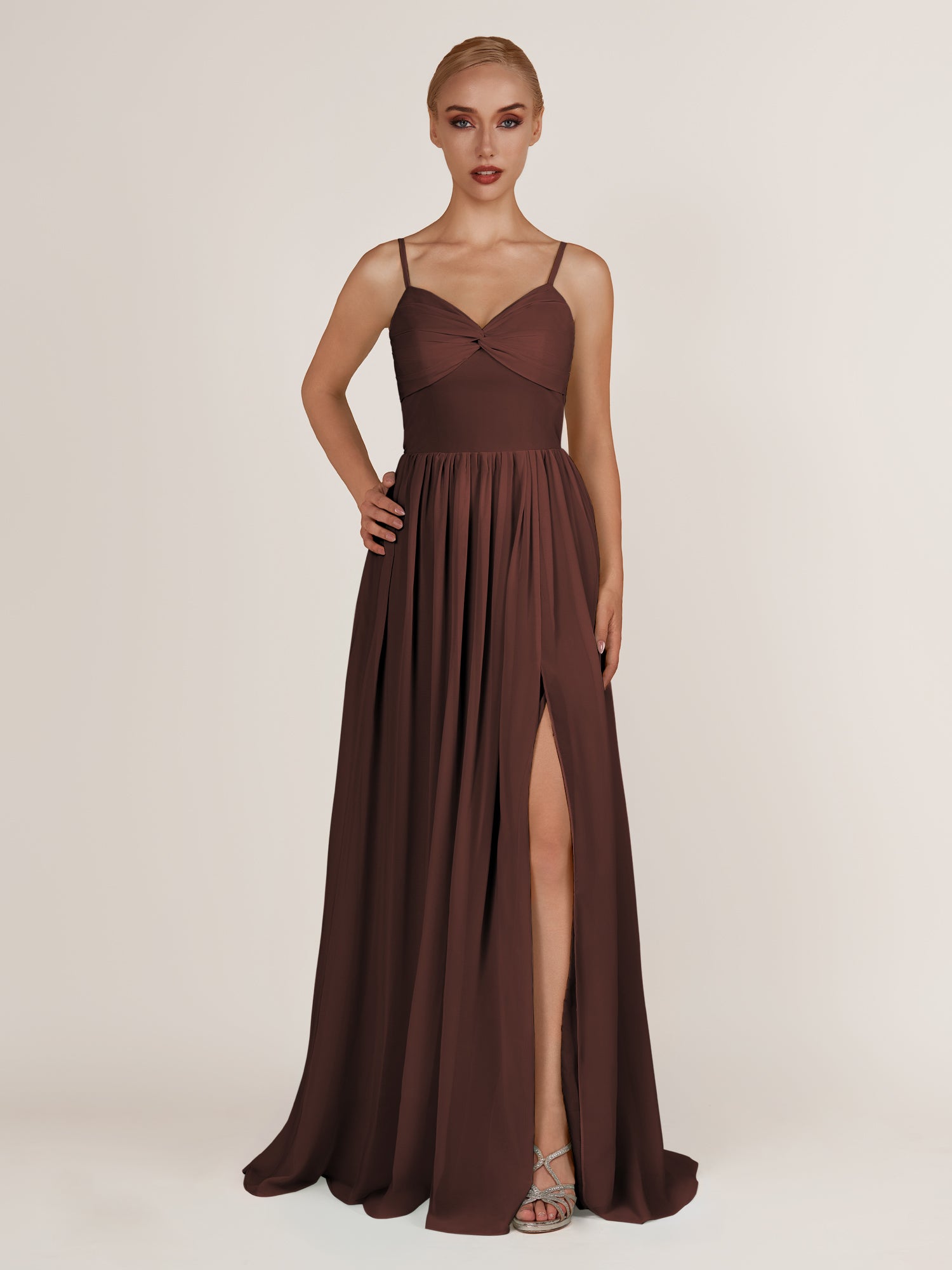 KissDress-Quillaine Espresso A Line V Neck Twisted Long Bridesmaid Dress with Slit