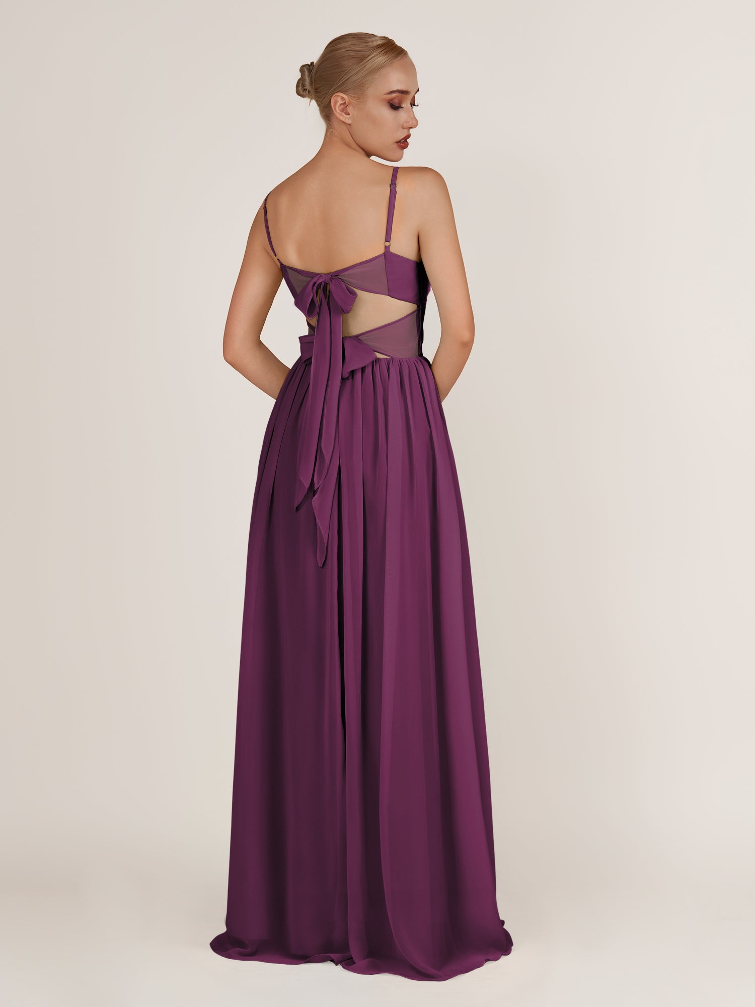 KissDress-Quillaine Fig A Line V Neck Twisted Long Bridesmaid Dress with Slit