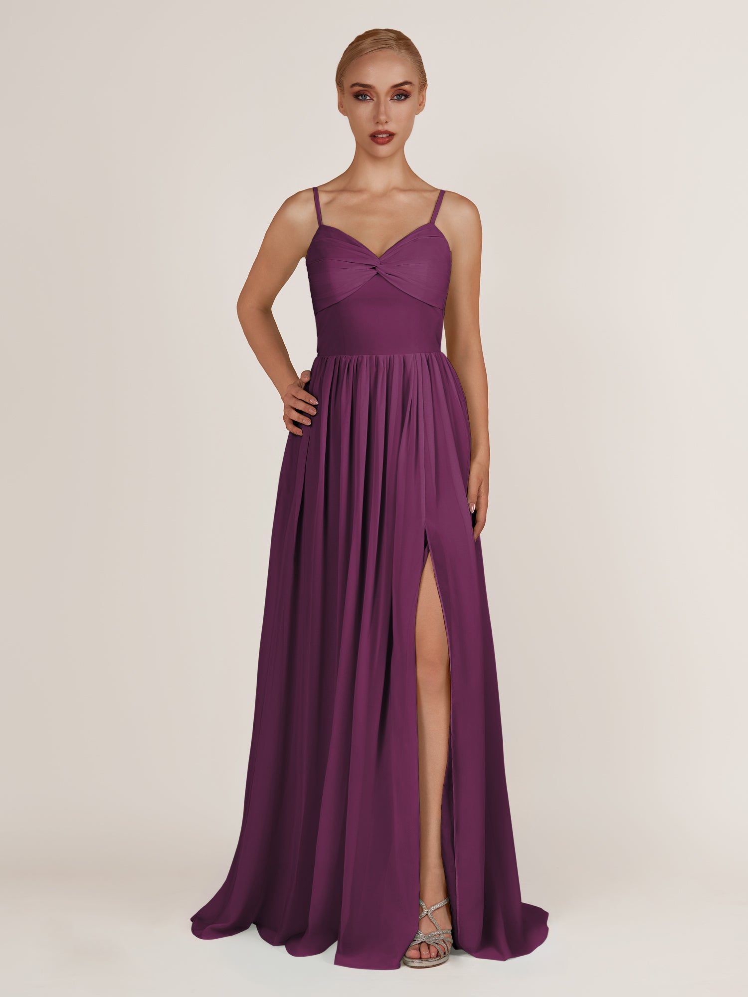 KissDress-Quillaine Fig A Line V Neck Twisted Long Bridesmaid Dress with Slit