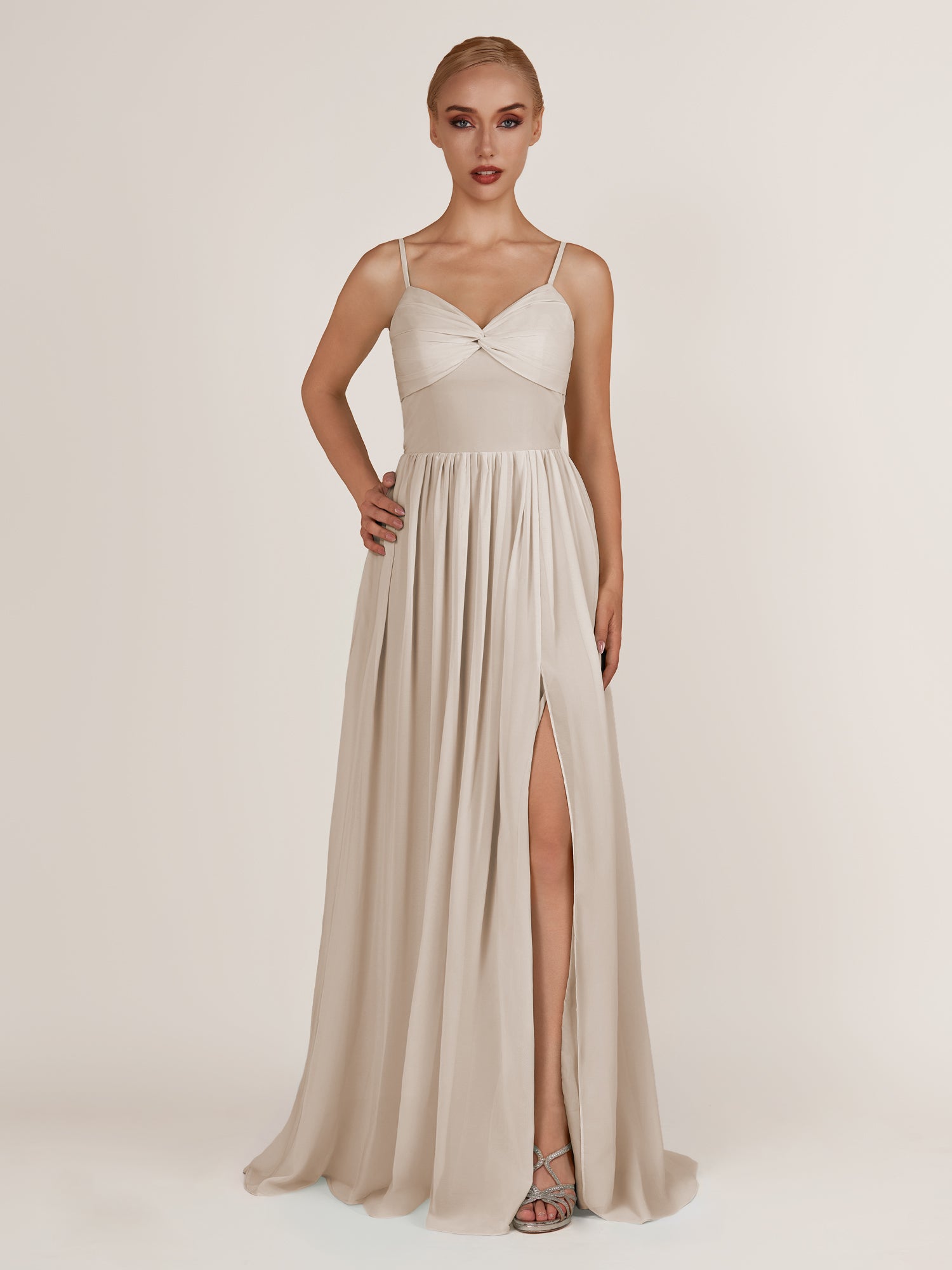 KissDress-Quillaine Frost A Line V Neck Twisted Long Bridesmaid Dress with Slit